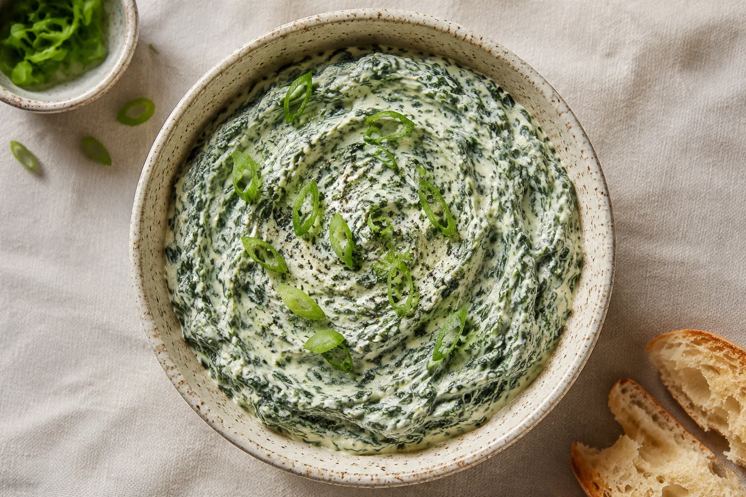 Finished spinach dip recipe garnished with green onions in a stoneware bowl