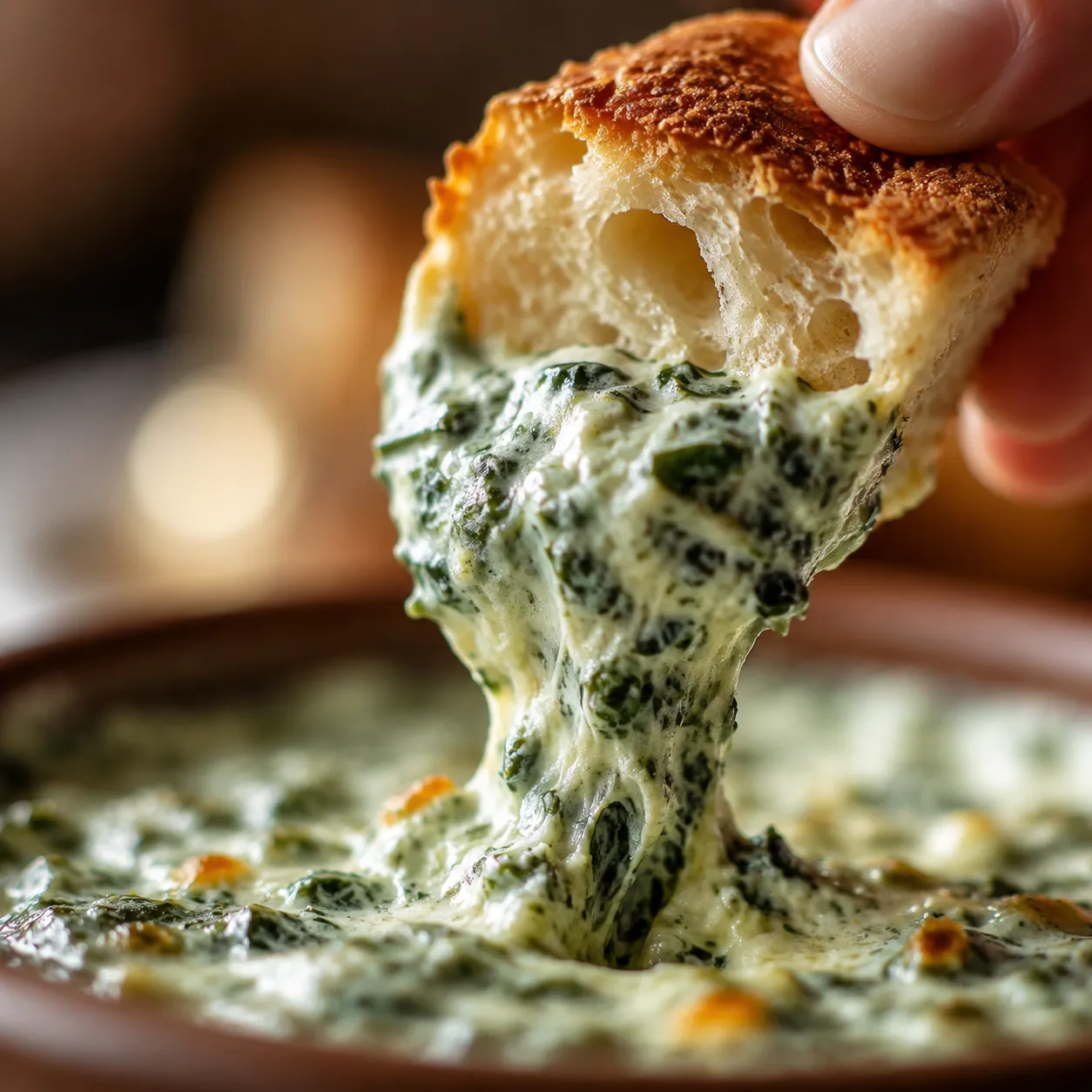 Close-up of bread dipped into creamy spinach dip recipe