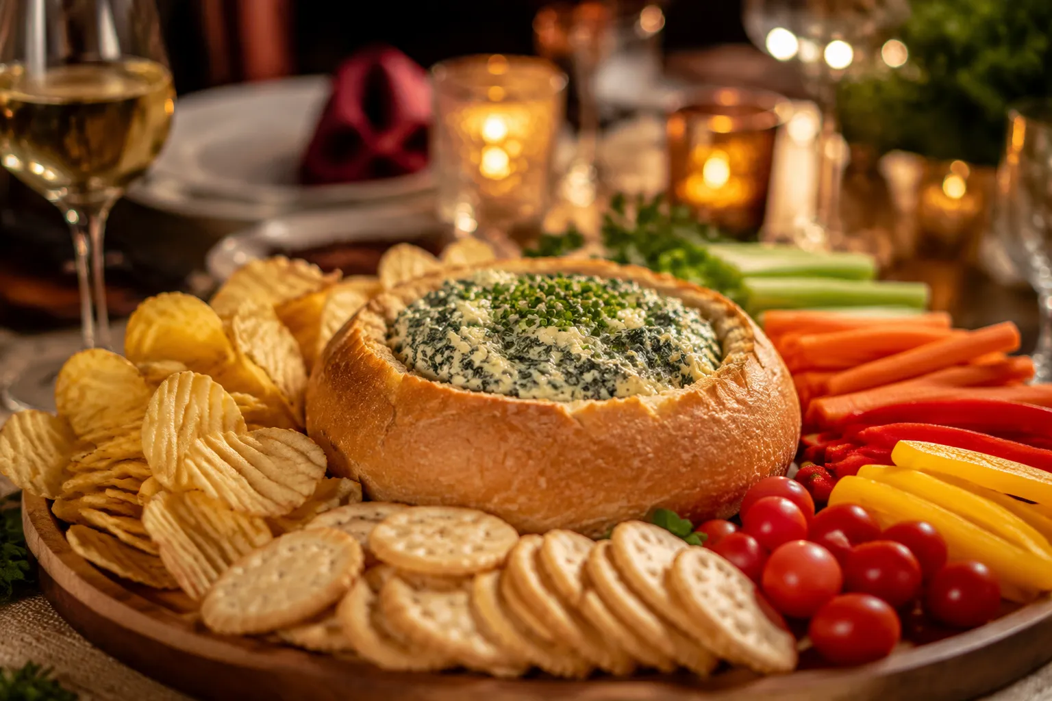 Cold spinach dip served on a party platter with chips and vegetables