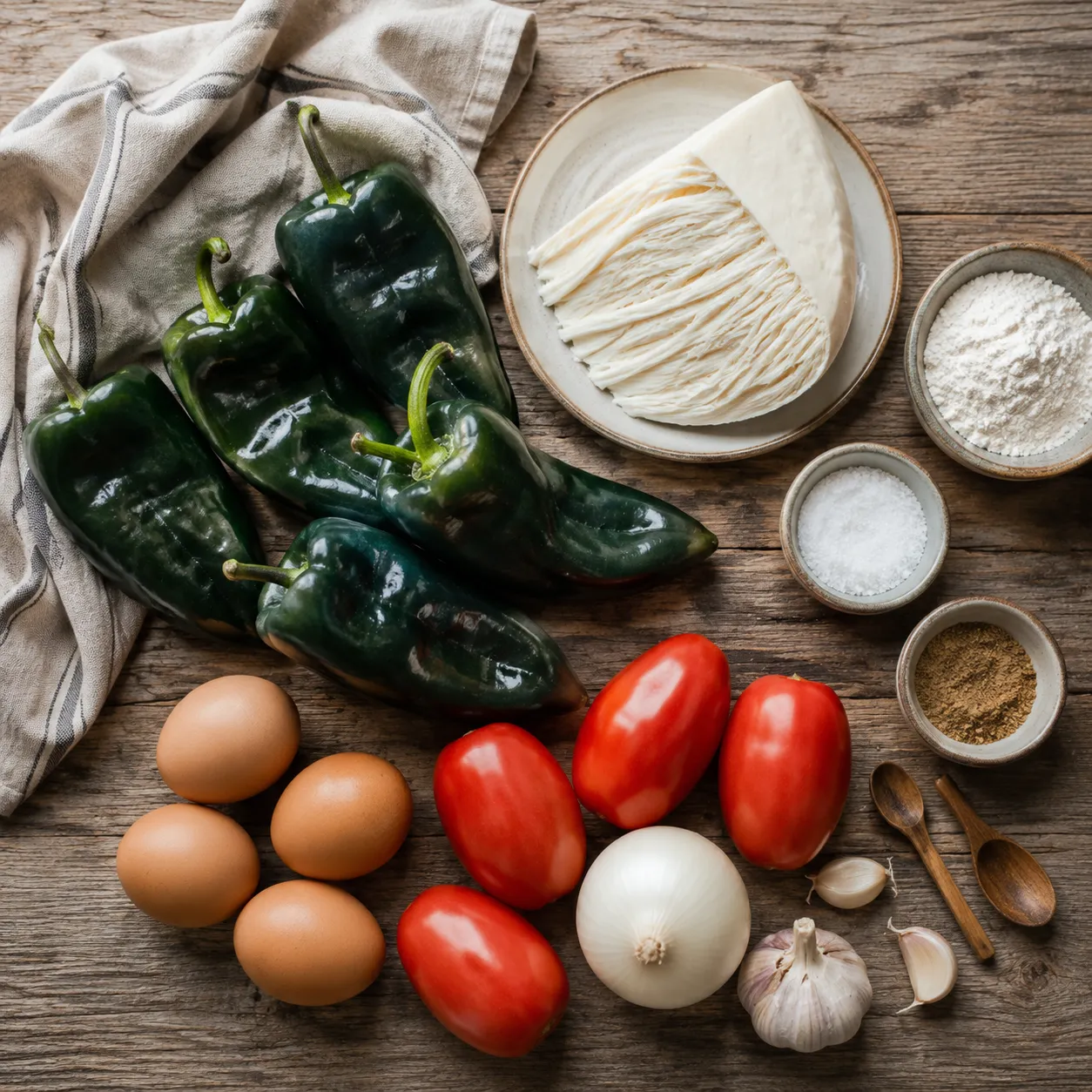 Chile relleno ingredients flatlay with poblano peppers, eggs, cheese, and tomatoes