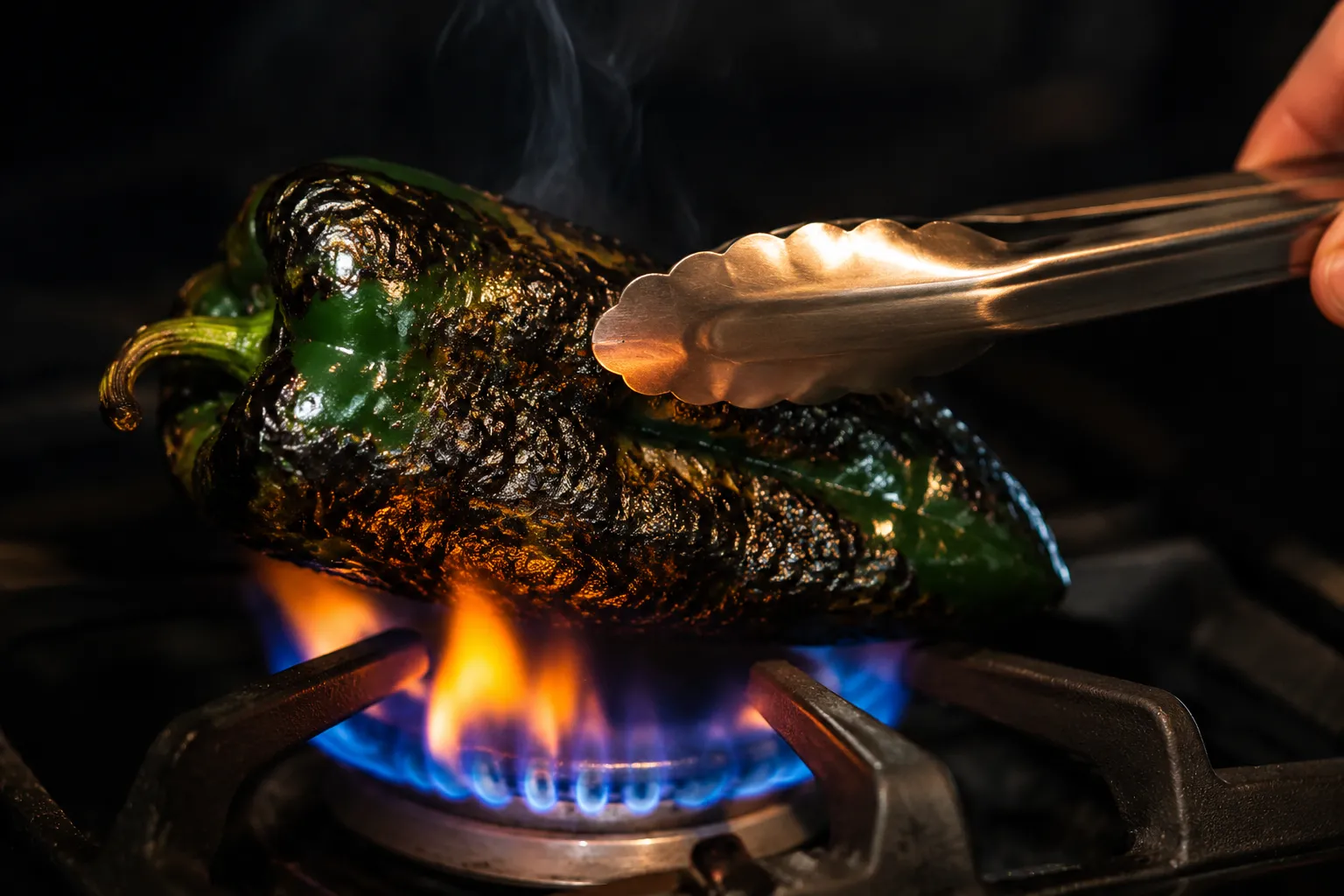 Roasting a poblano pepper over an open flame for chile relleno