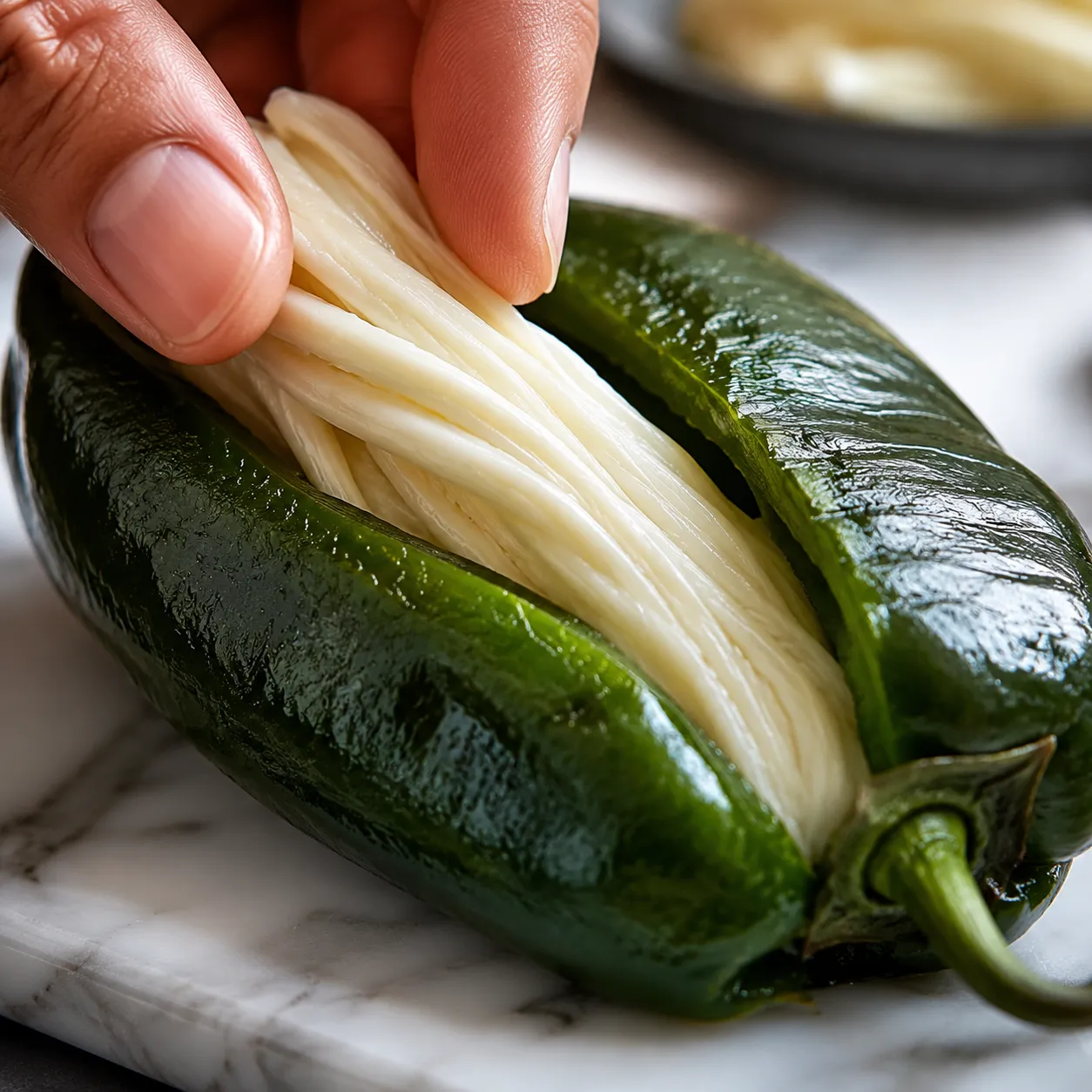 Stuffing roasted poblano pepper with Oaxaca cheese for chili relleno