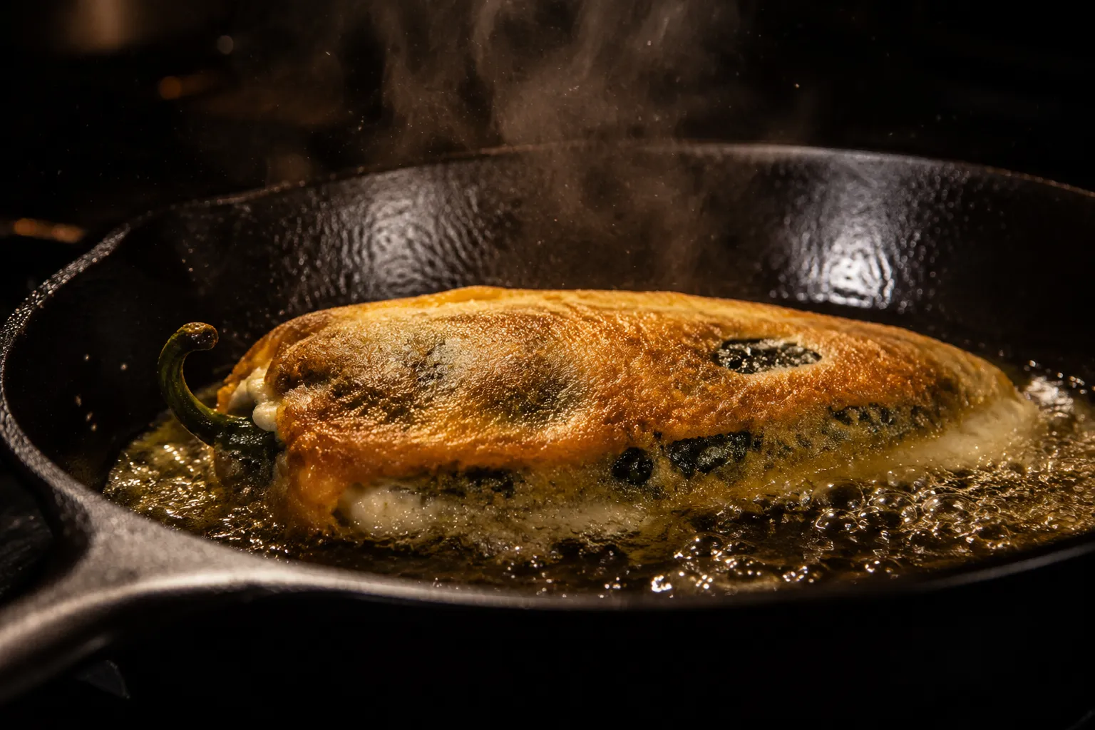 Frying chile relleno in cast iron skillet until golden brown