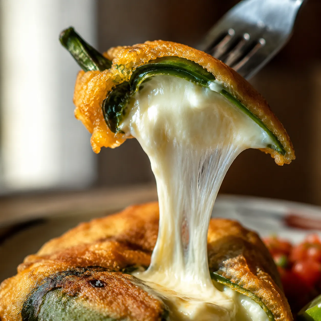 Cheese pull from authentic chile relleno cut in half