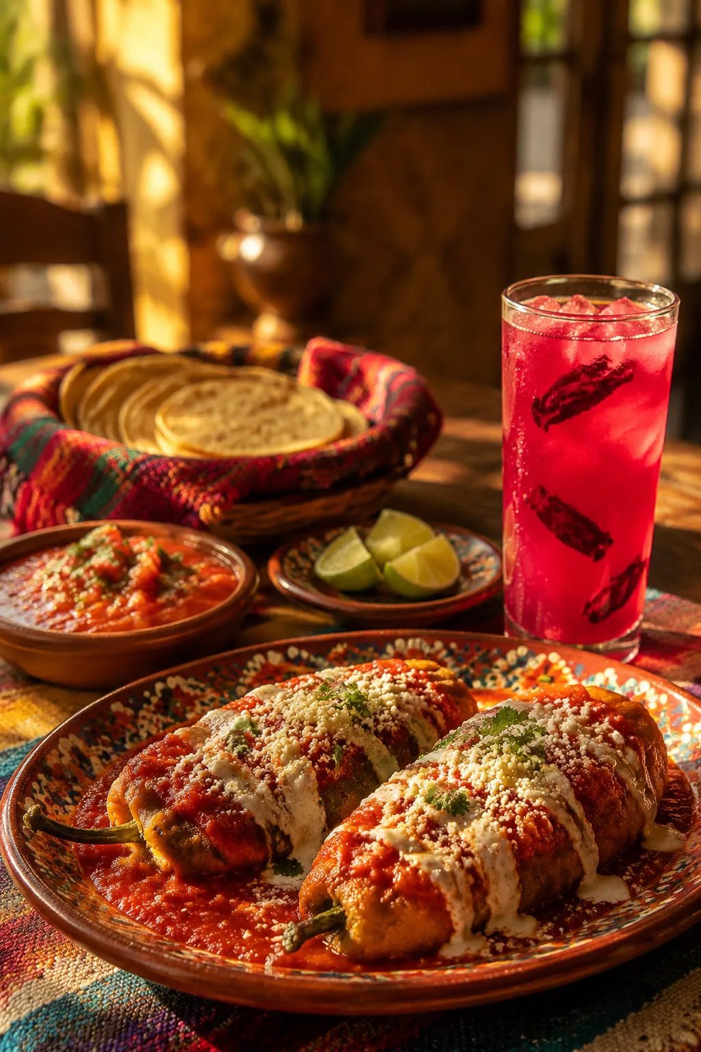 Chile rellenos served at a Mexican dinner table with salsa and agua fresca