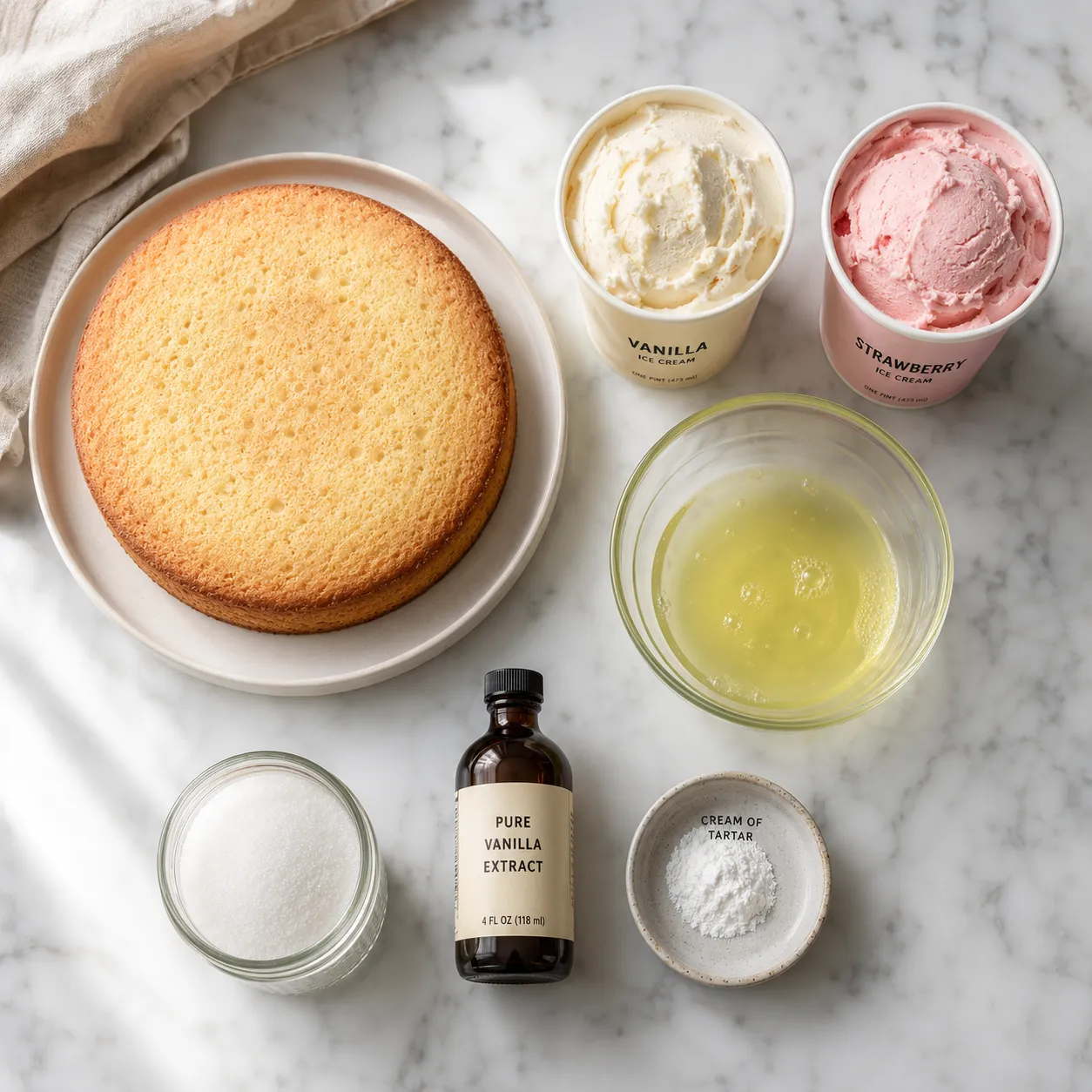 Ingredients flatlay for baked alaska recipe including ice cream, cake, and egg whites