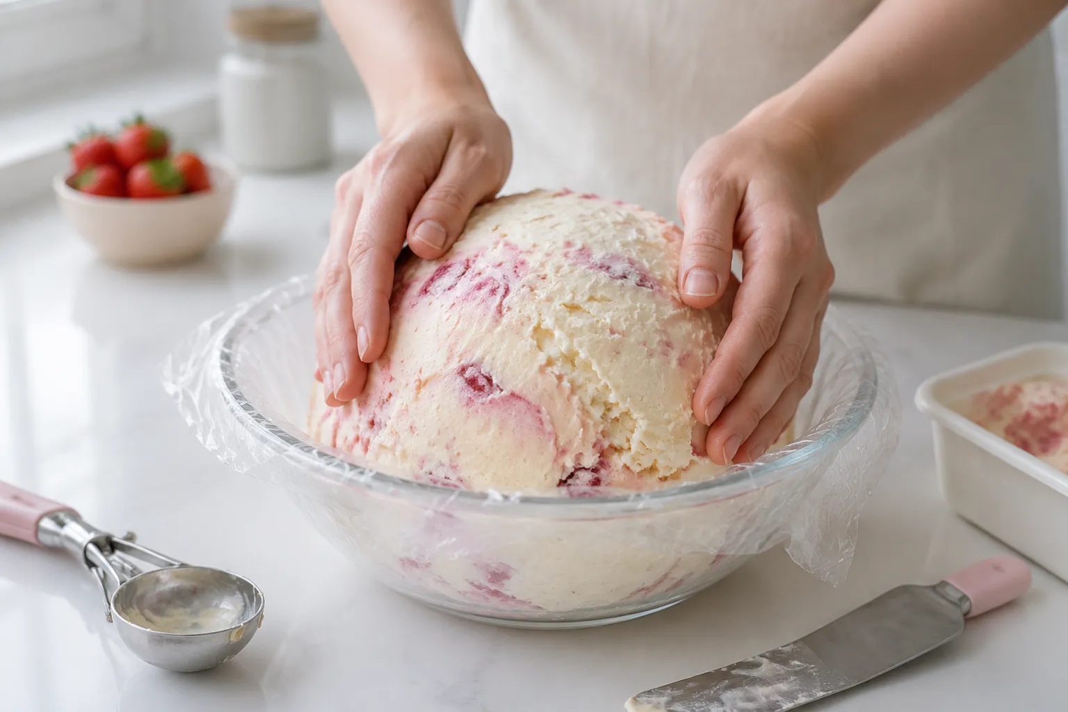 Molding ice cream dome in a bowl for baked alaska