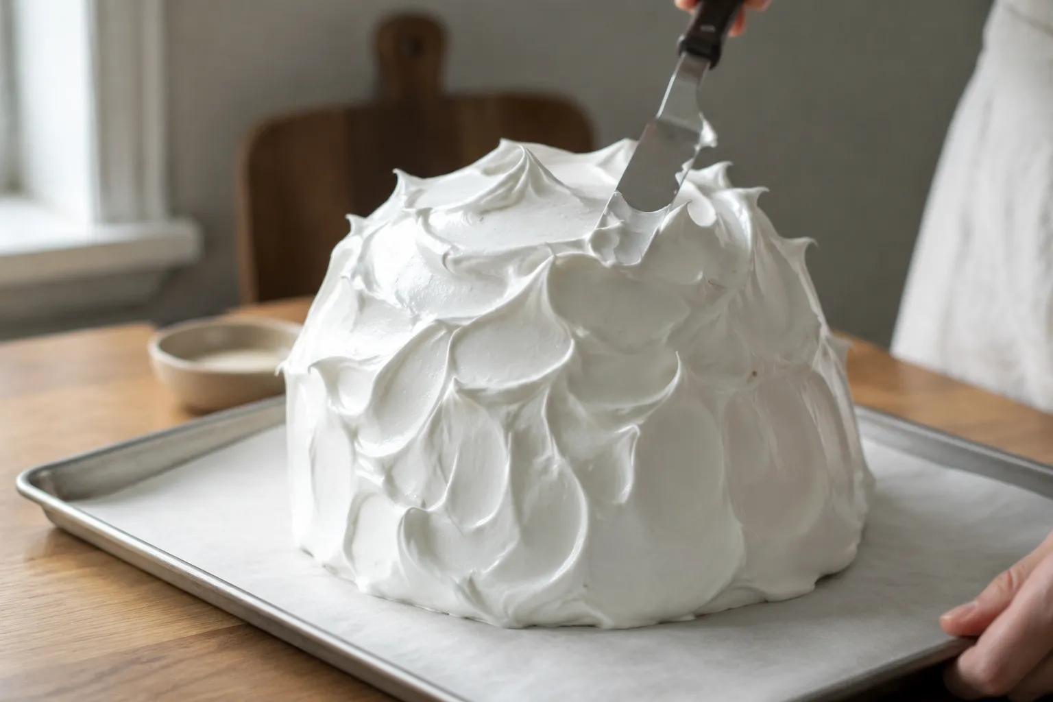 Spreading meringue peaks over baked alaska before torching