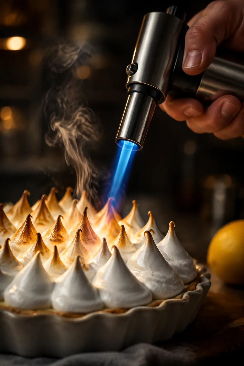 Torching meringue on baked alaska with a kitchen torch