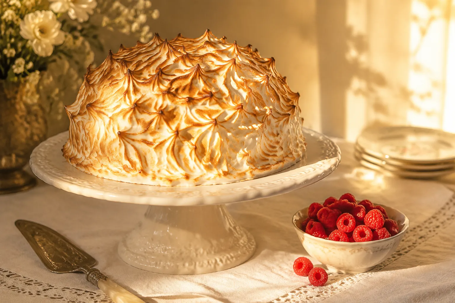 Finished baked alaska on cake stand with golden toasted meringue