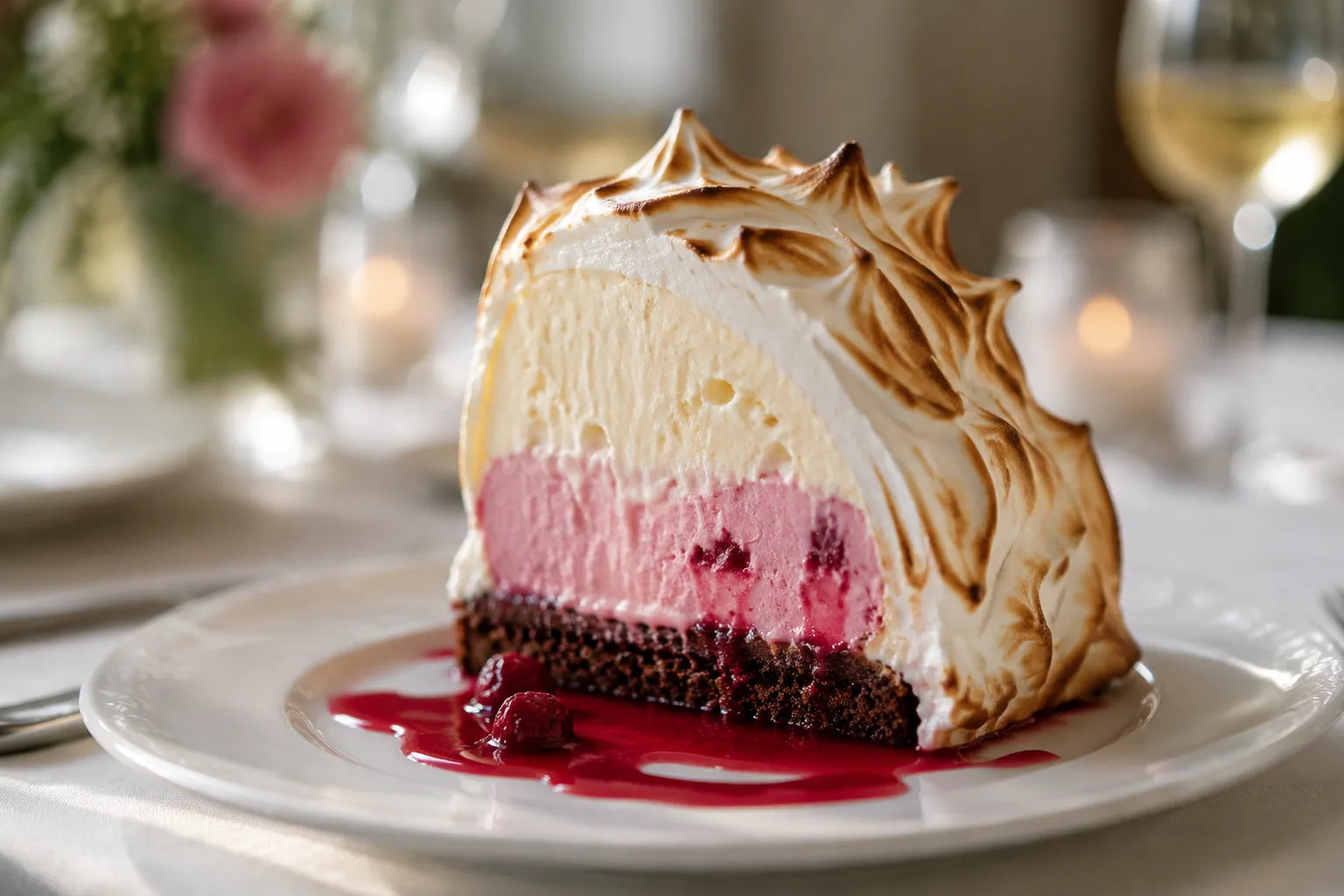 Slice of baked alaska showing cake, ice cream, and meringue layers