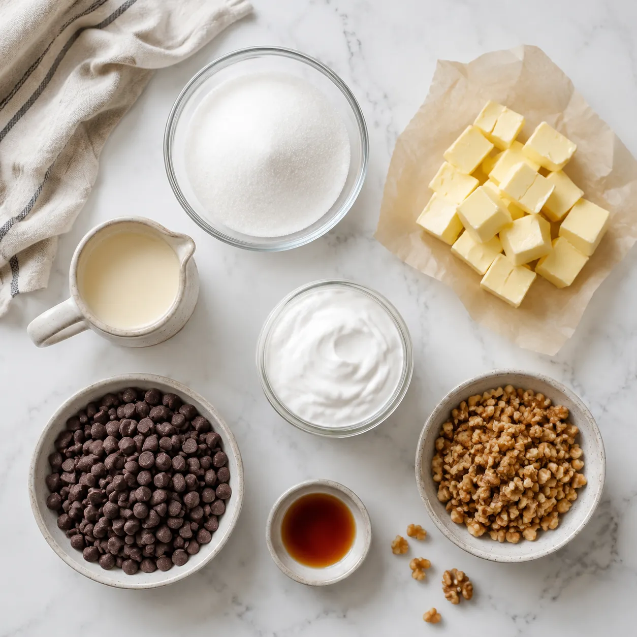 Fudge recipe ingredients flatlay with chocolate chips and marshmallow cream