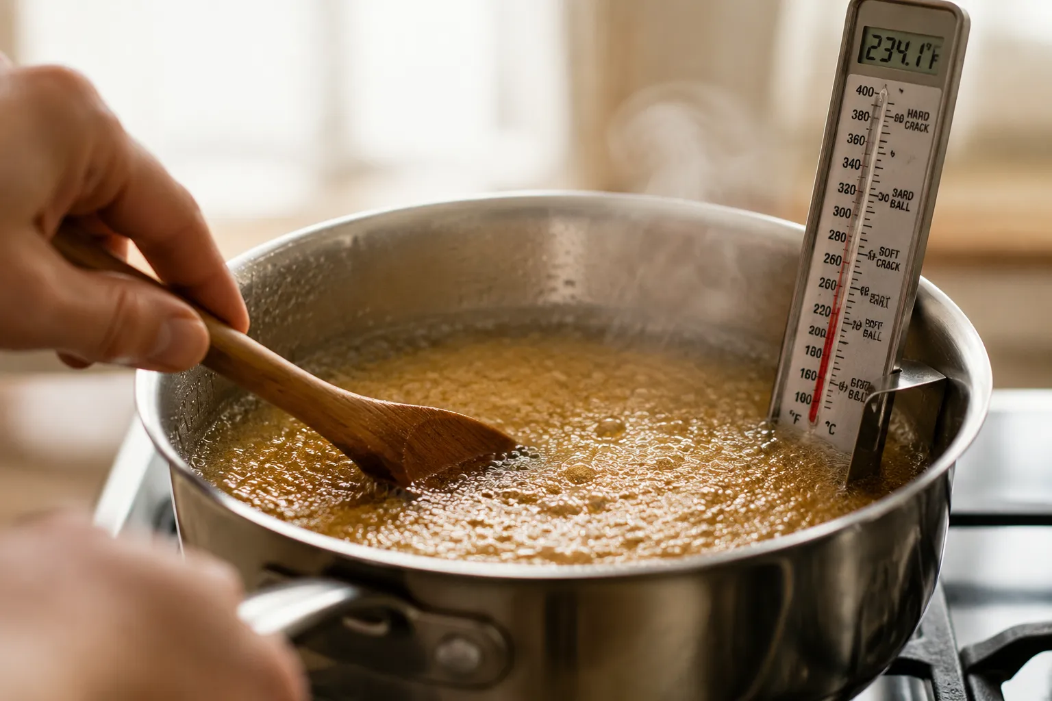 Boiling sugar and butter for fudge recipe at soft-ball stage