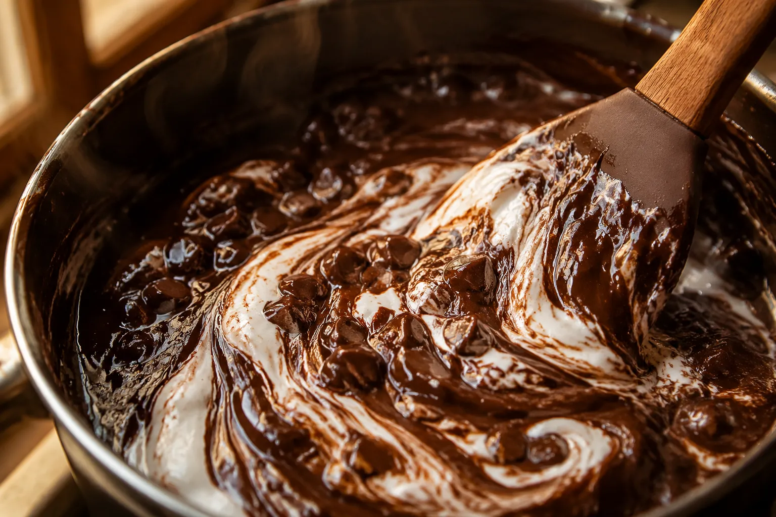 Stirring chocolate chips and marshmallow cream into fudge recipe base