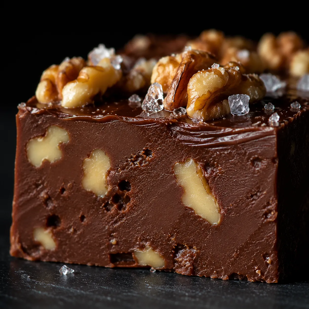 Close-up of creamy chocolate fudge recipe square with walnuts