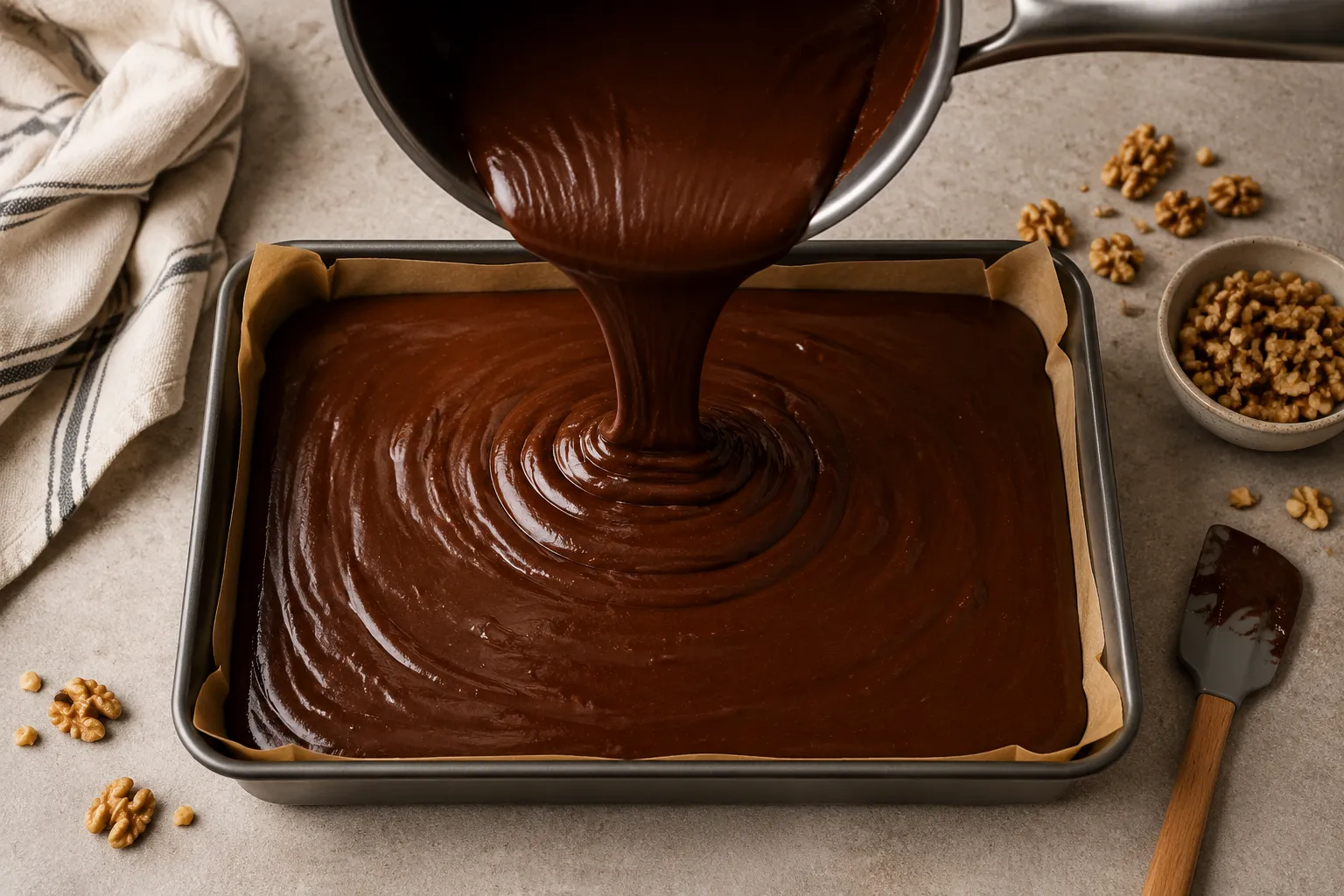 Pouring homemade fudge recipe into a parchment-lined pan