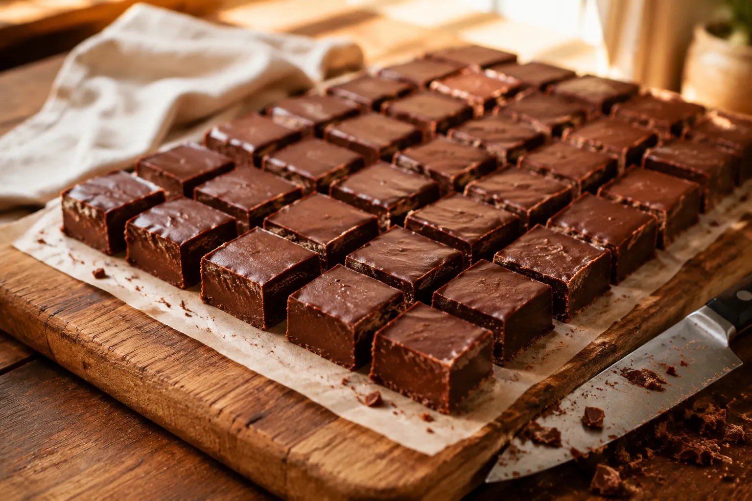 Sliced fantasy fudge recipe squares arranged on a wooden board
