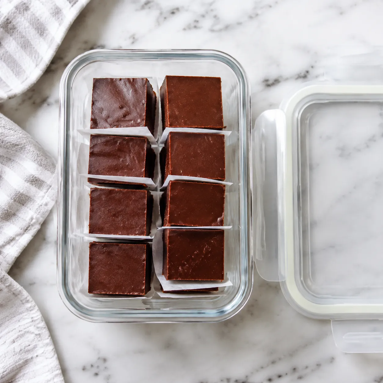 Storing homemade fudge recipe squares in an airtight container