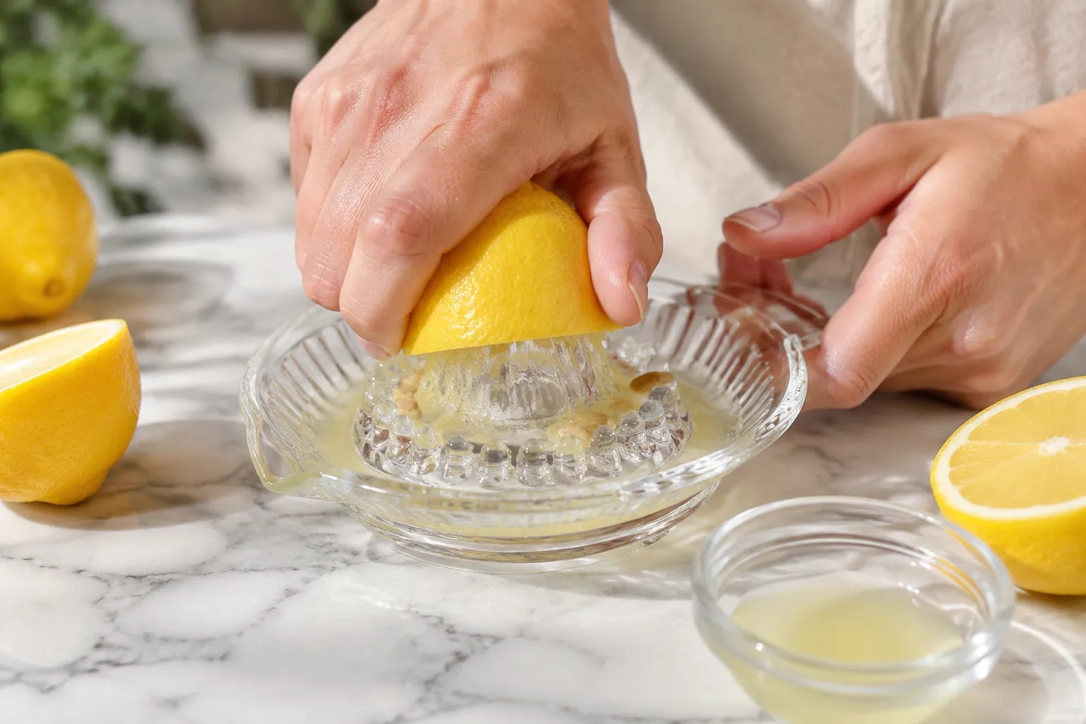 Hands juicing fresh lemons for homemade lemonade recipe