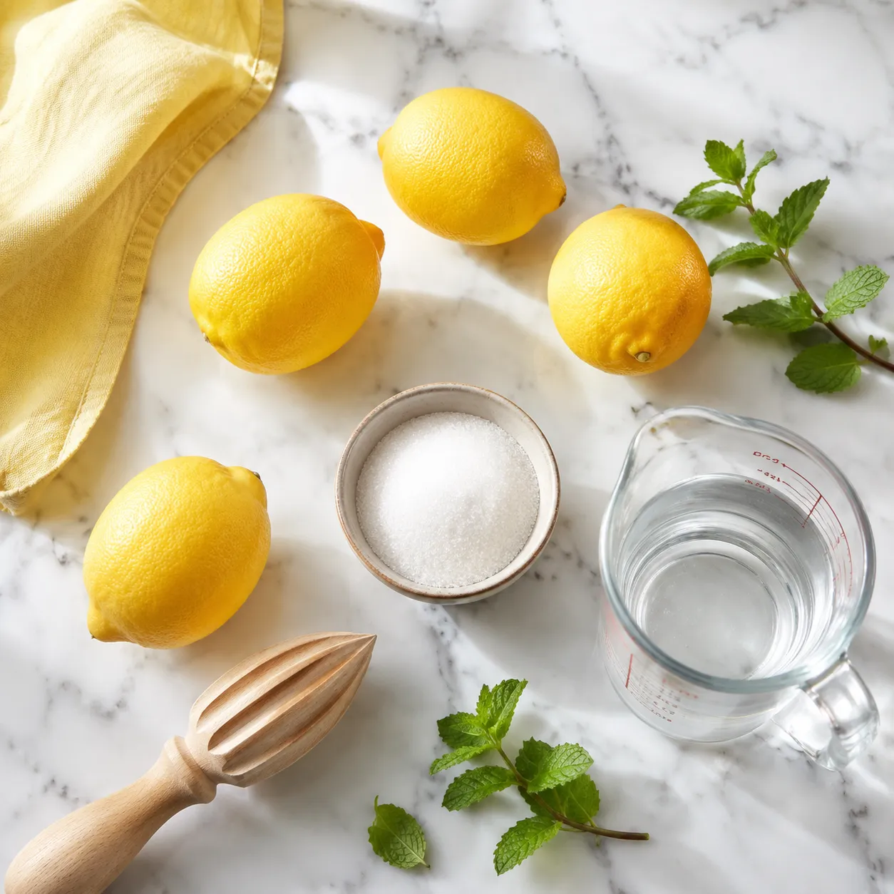 Homemade lemonade recipe ingredients flatlay with lemons, sugar, water, and mint