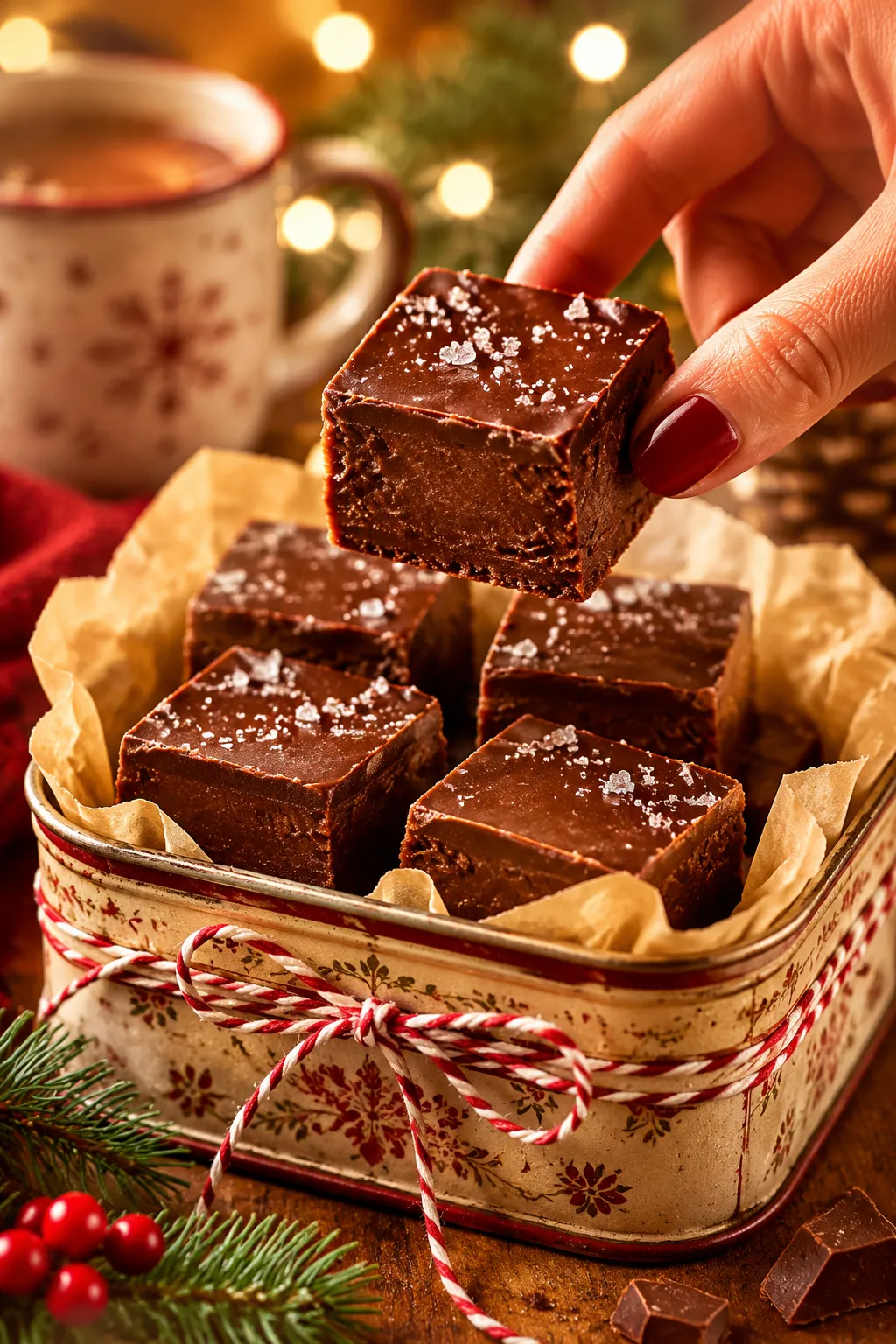 Hand picking up a fudge recipe square from a holiday gift tin