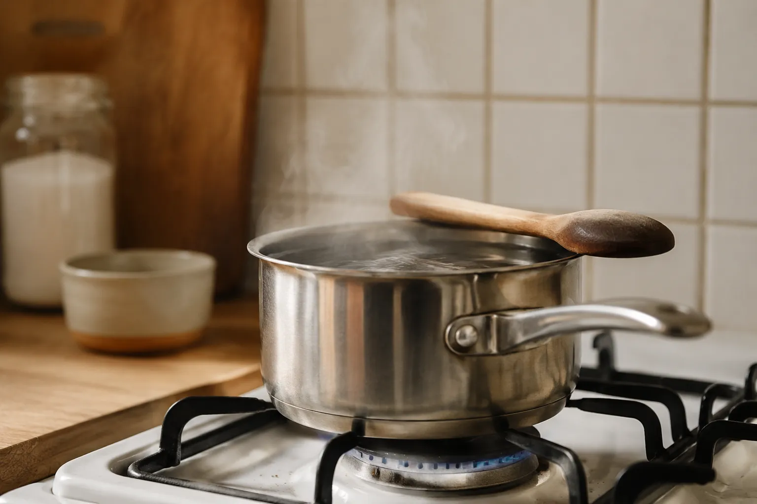 Simple syrup simmering in a saucepan for an easy lemonade recipe