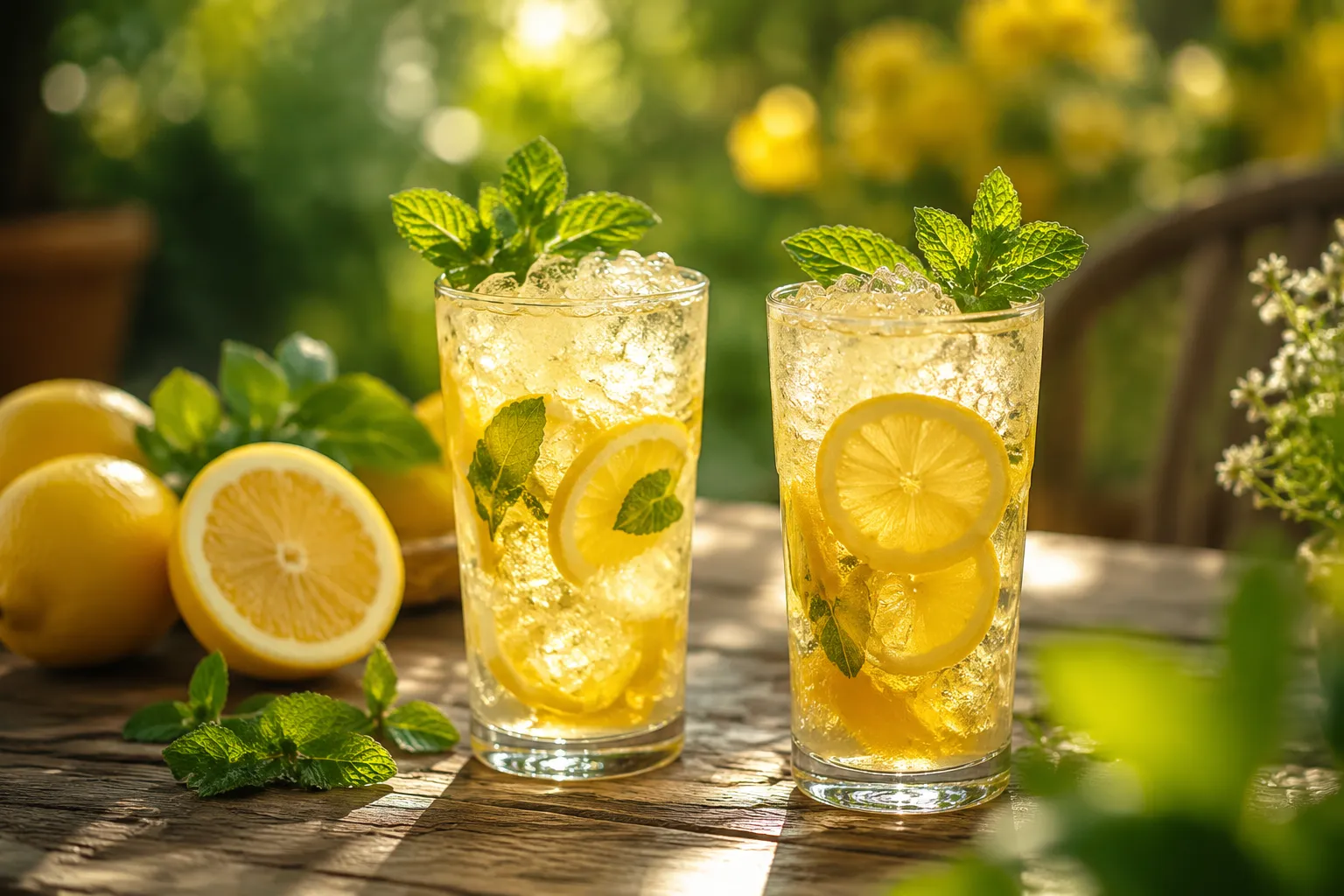 Two glasses of finished homemade lemonade with mint and ice on a sunny patio