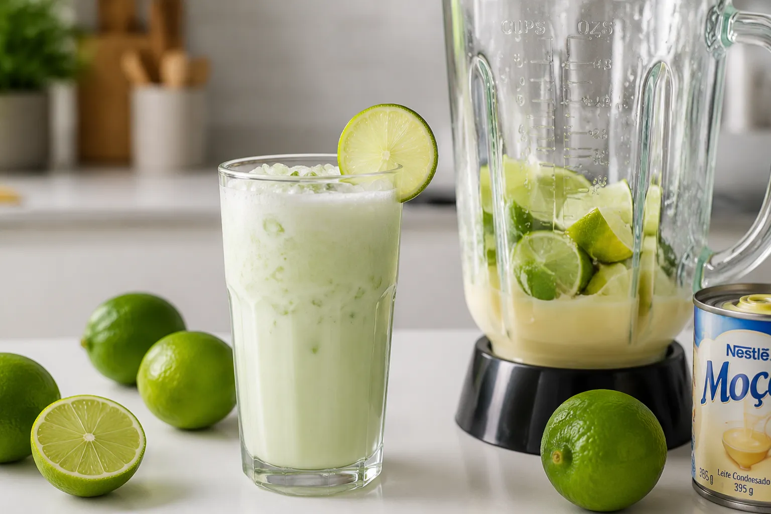 Brazilian lemonade recipe with whole limes and sweetened condensed milk in a glass