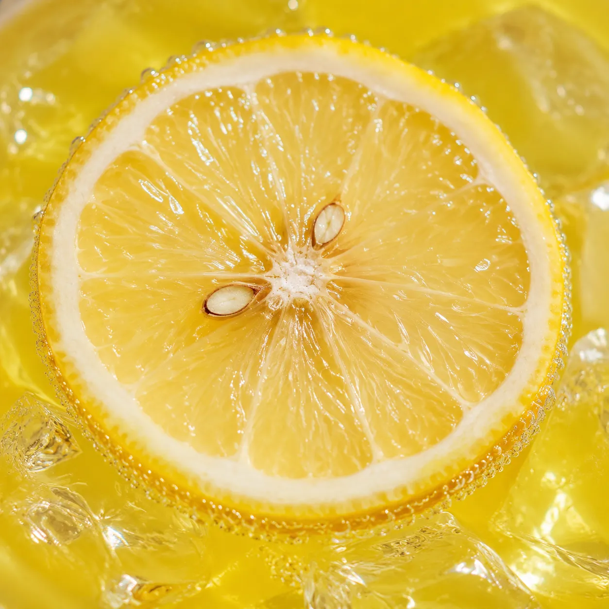 Macro close-up of a fresh lemon wheel in homemade lemonade