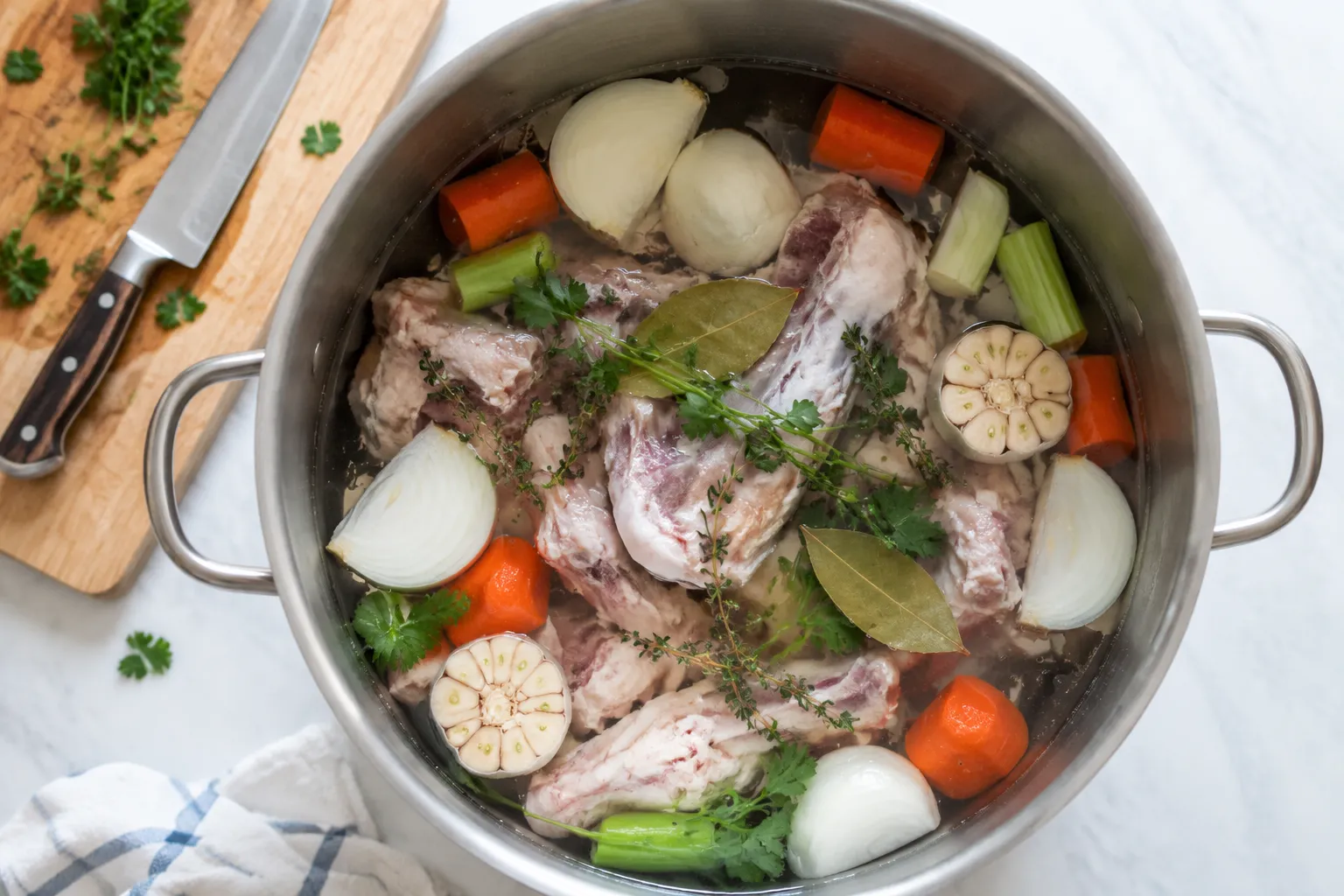 Stockpot with chicken bones, vegetables, and herbs ready to simmer for chicken broth