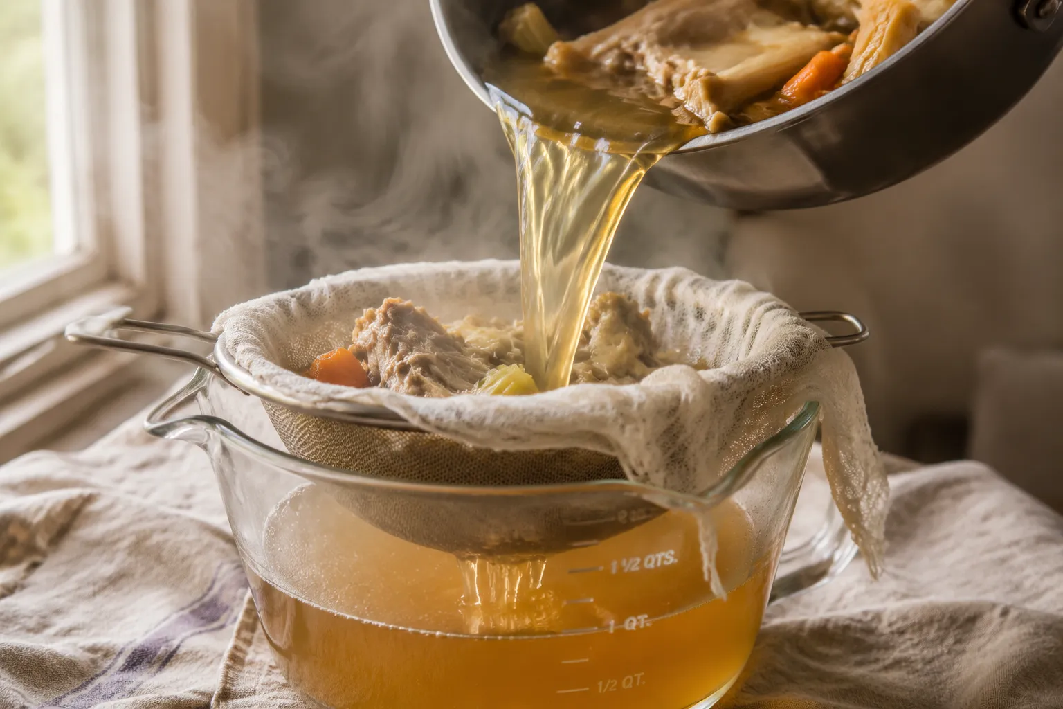 Straining homemade chicken broth through cheesecloth into a glass bowl