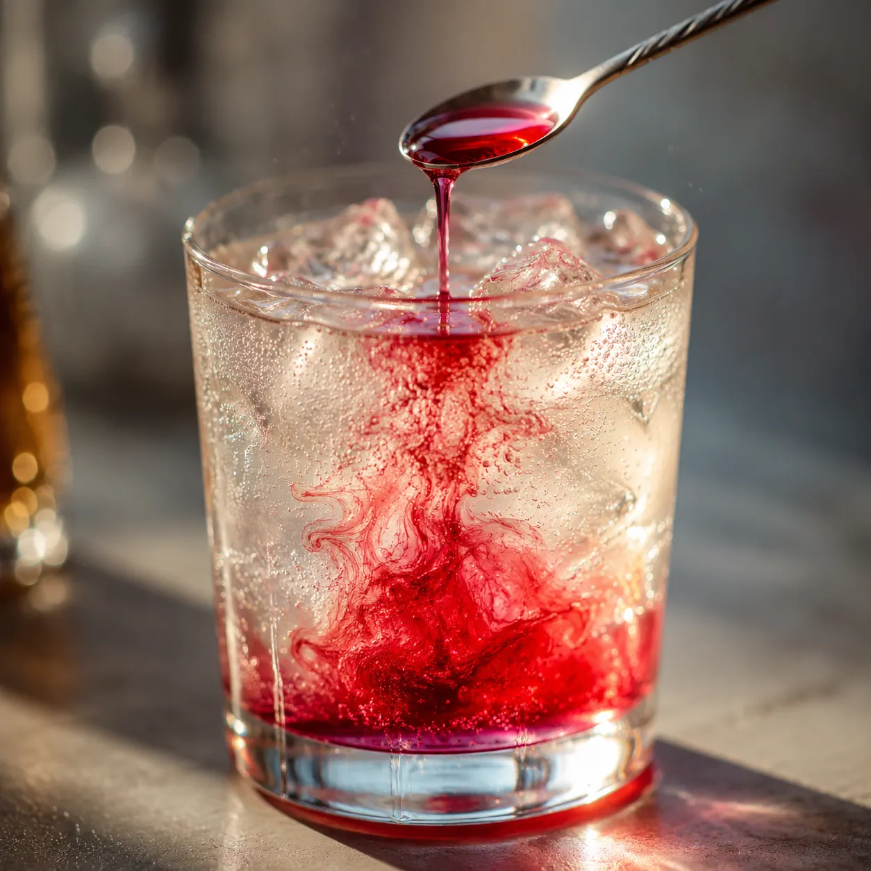 Grenadine swirling into ginger ale to make a Shirley Temple drink