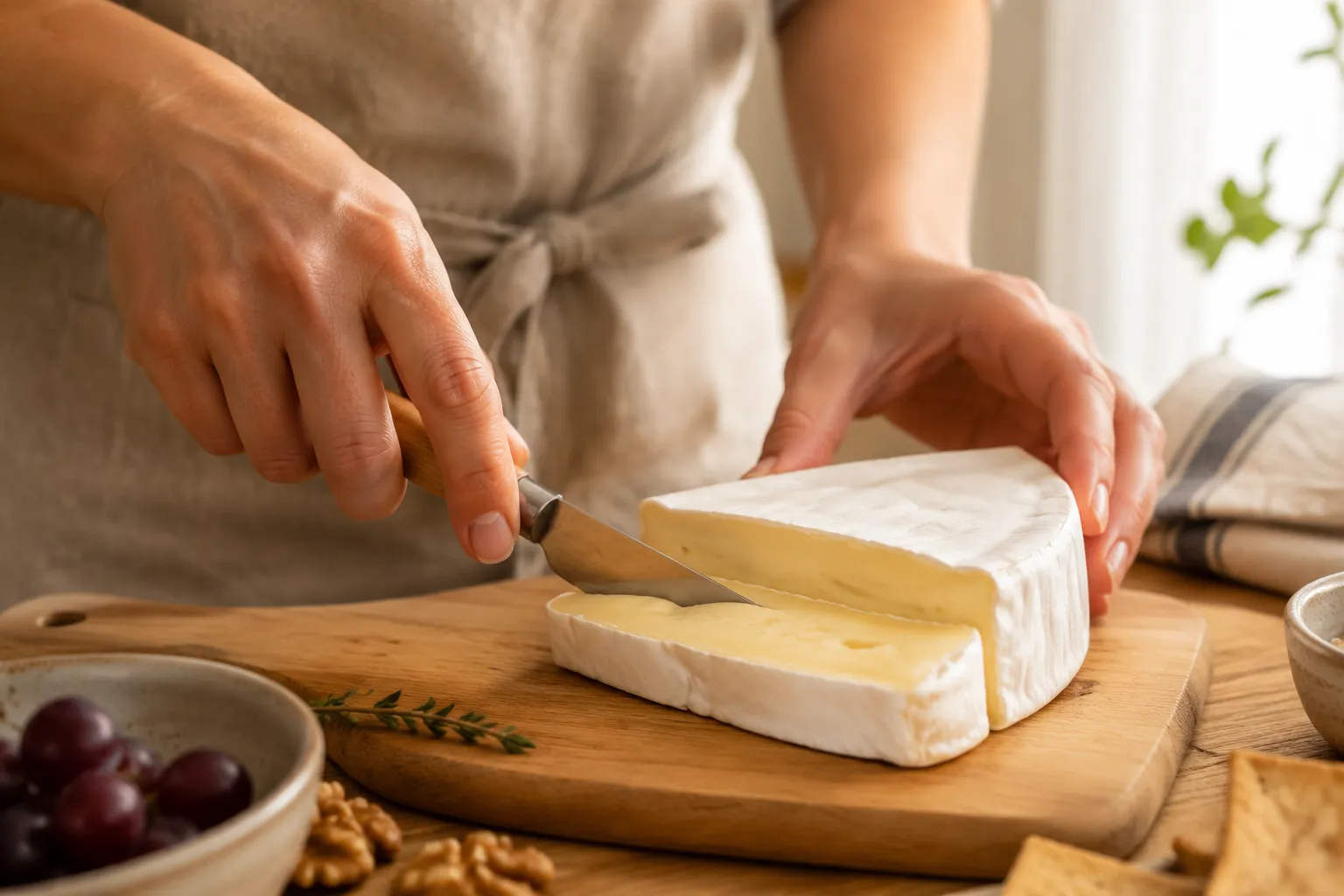 Hands cutting a wedge of brie cheese on a wooden board