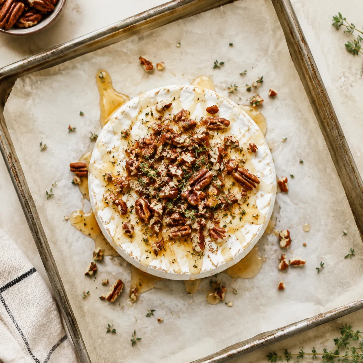 Brie cheese wheel topped with honey and pecans before baking
