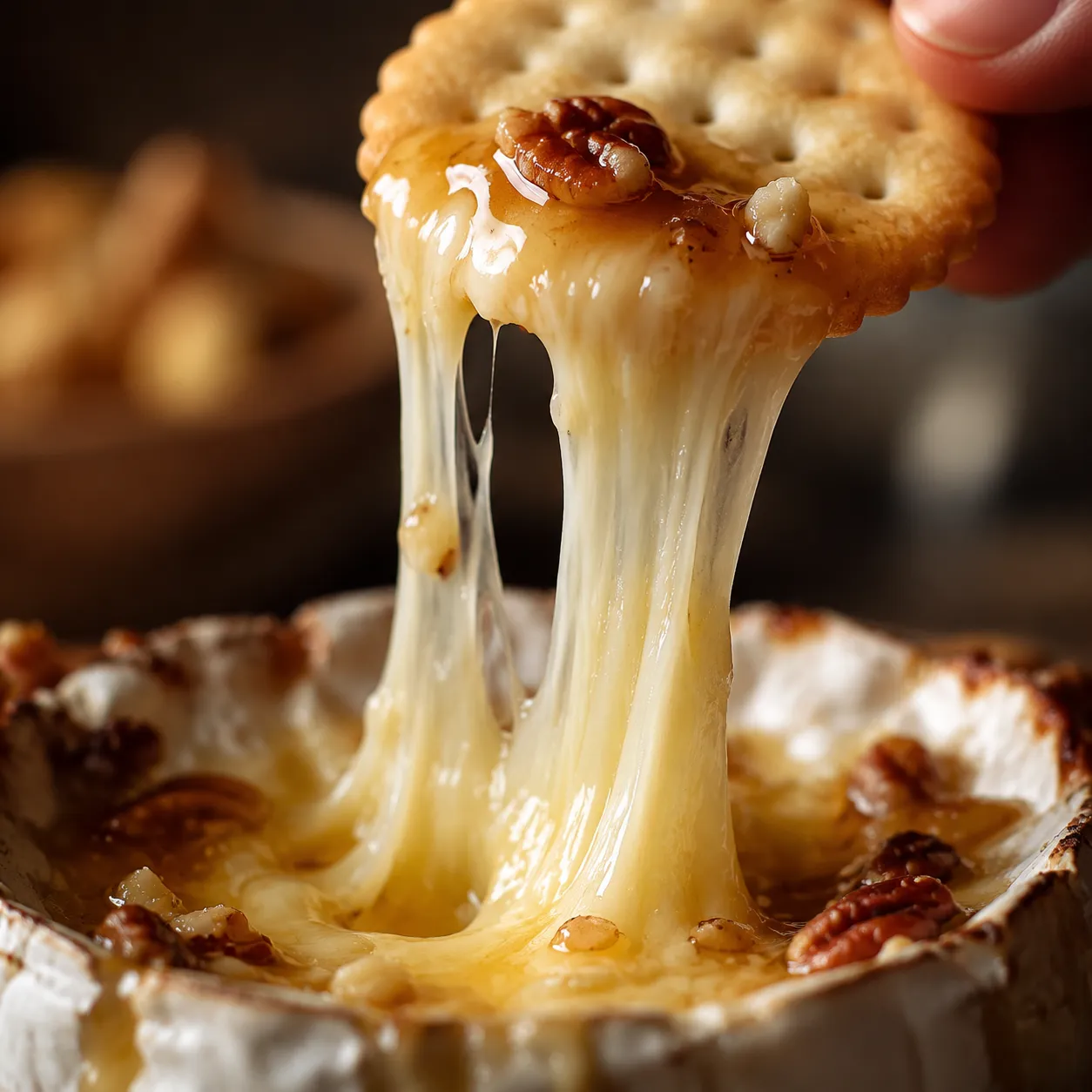 Macro close-up of melted brie cheese pull on a cracker