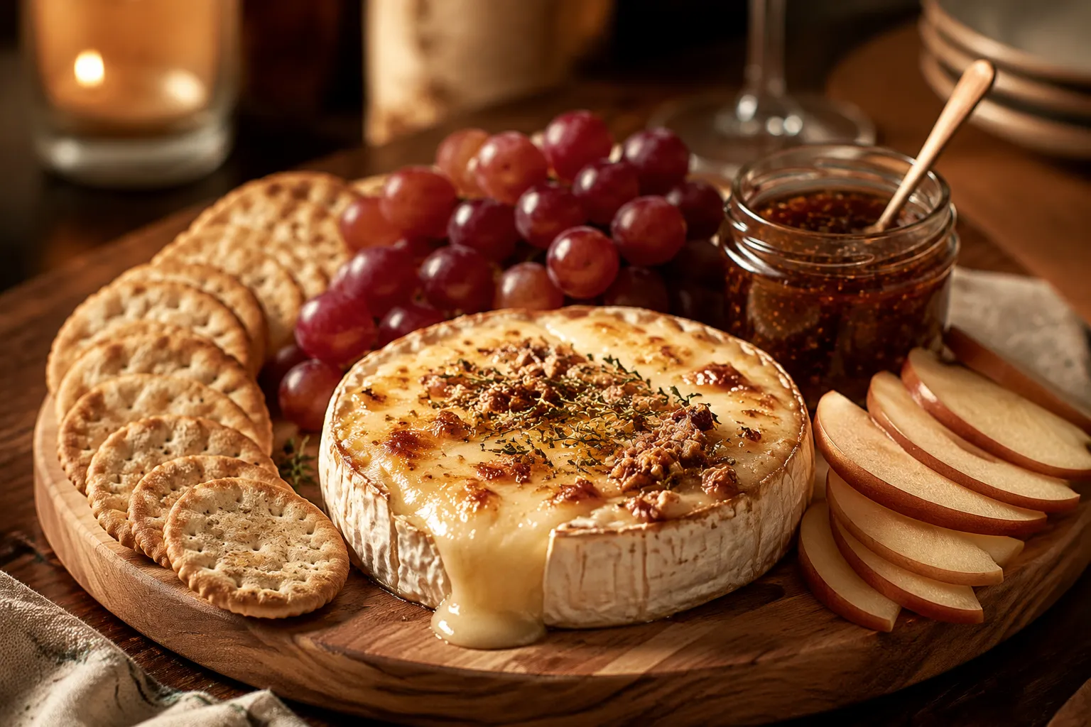 Baked brie cheese served with crackers, grapes, and apples on a board