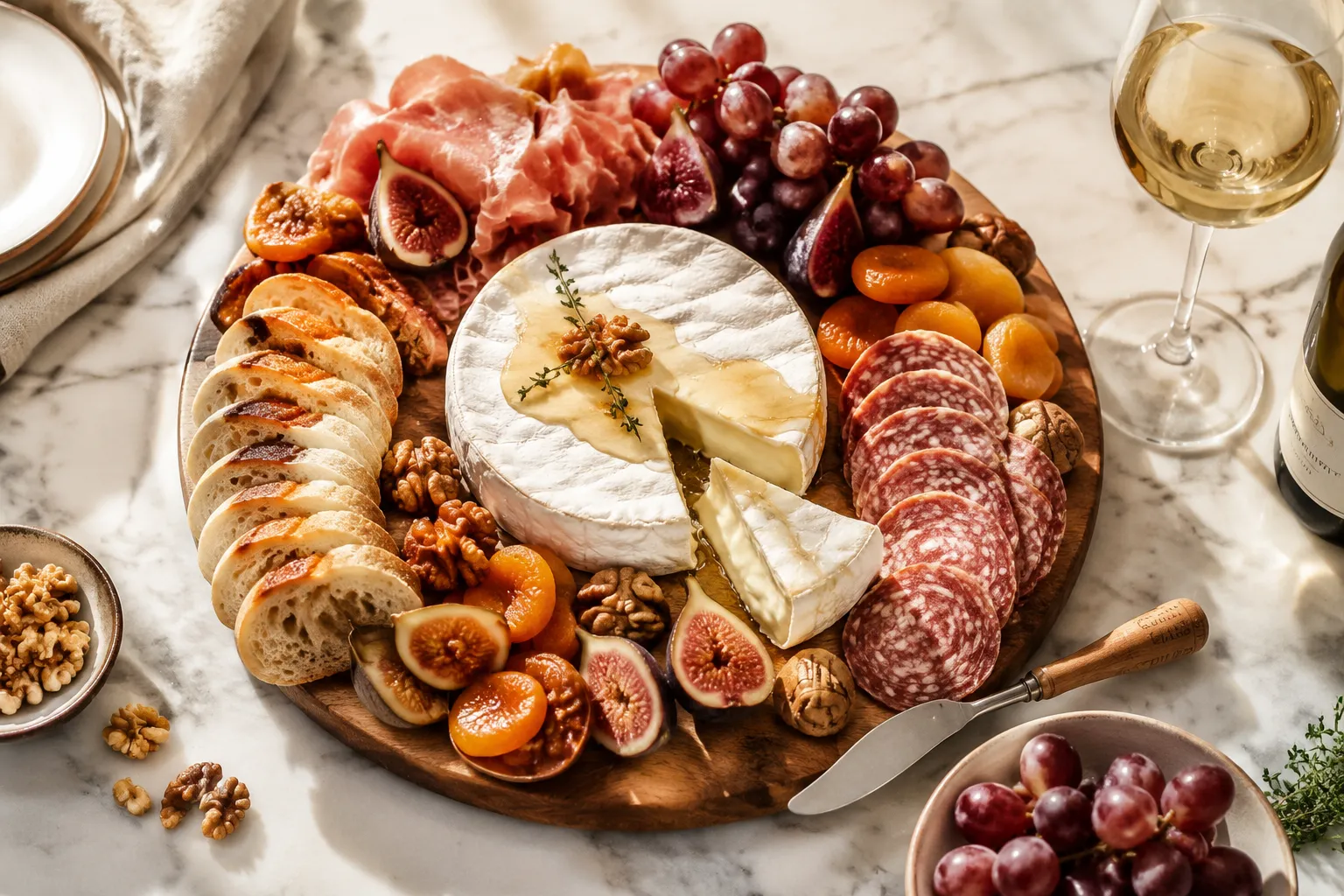 Brie cheese pairing board with charcuterie, fruit, nuts, and white wine