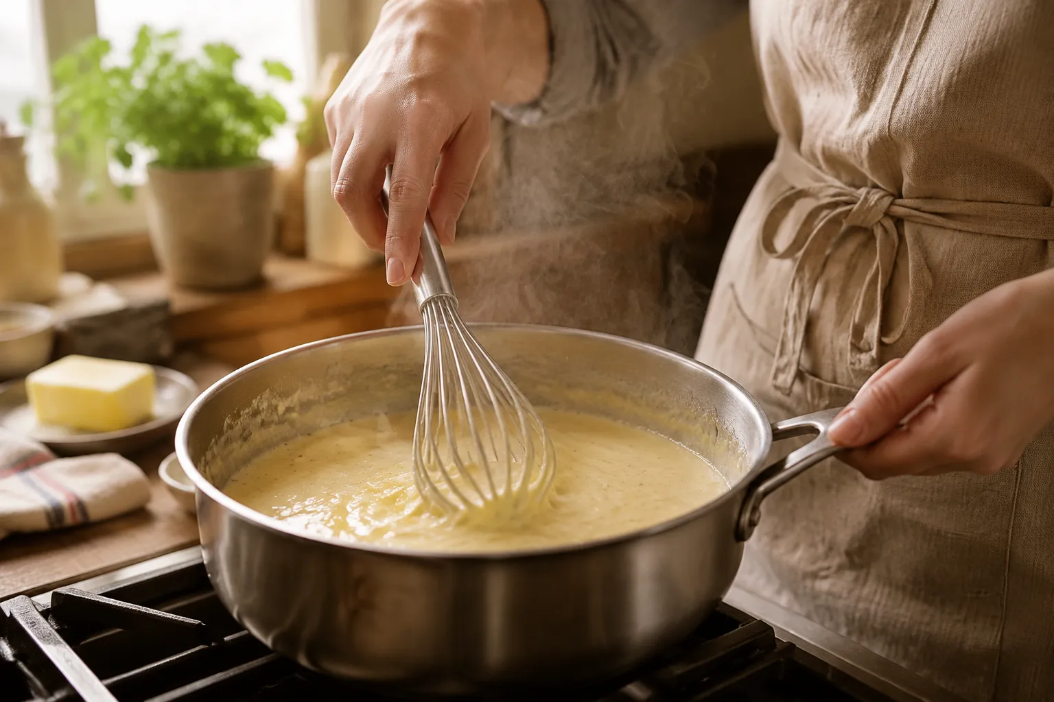 Whisking homemade cream sauce for chicken noodle casserole on the stovetop