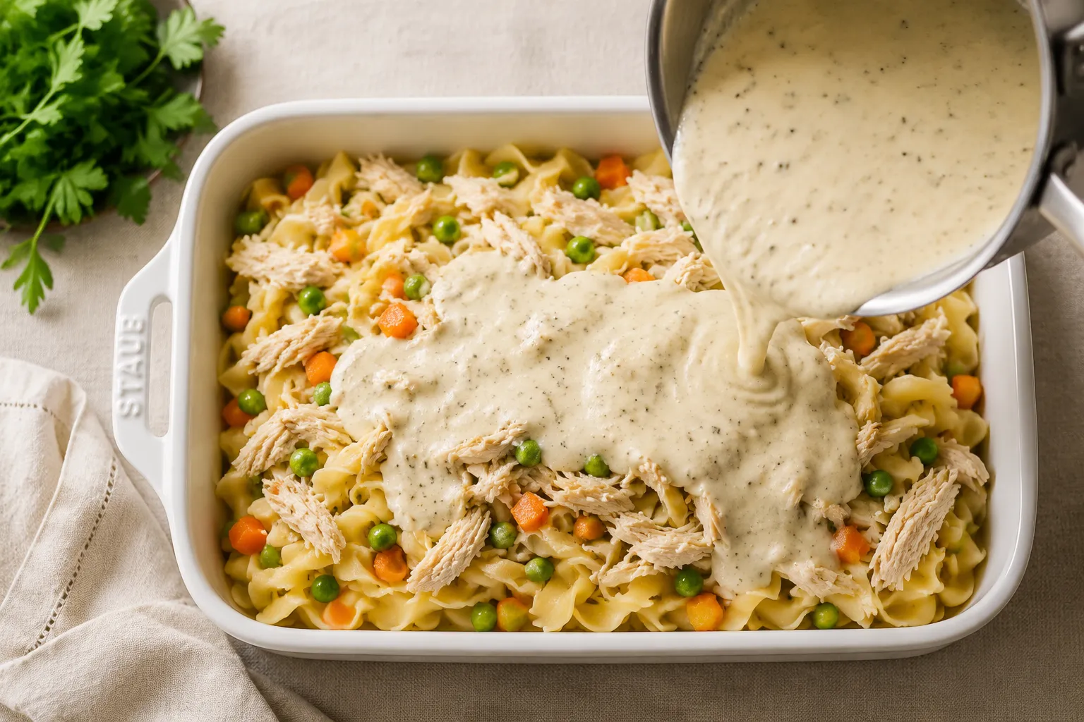Assembling chicken casserole with noodles, shredded chicken, and creamy sauce in a baking dish