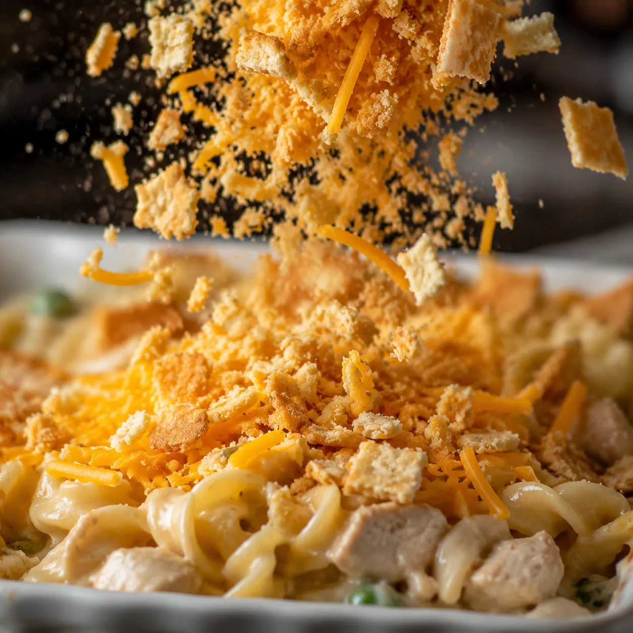 Topping chicken noodle casserole with buttery cracker crumbs and shredded cheddar