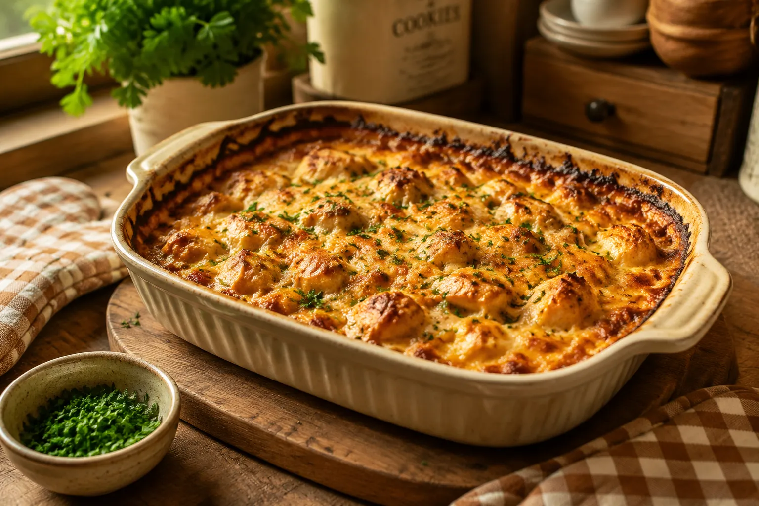 Freshly baked chicken casserole with golden cheesy crust on a wooden trivet