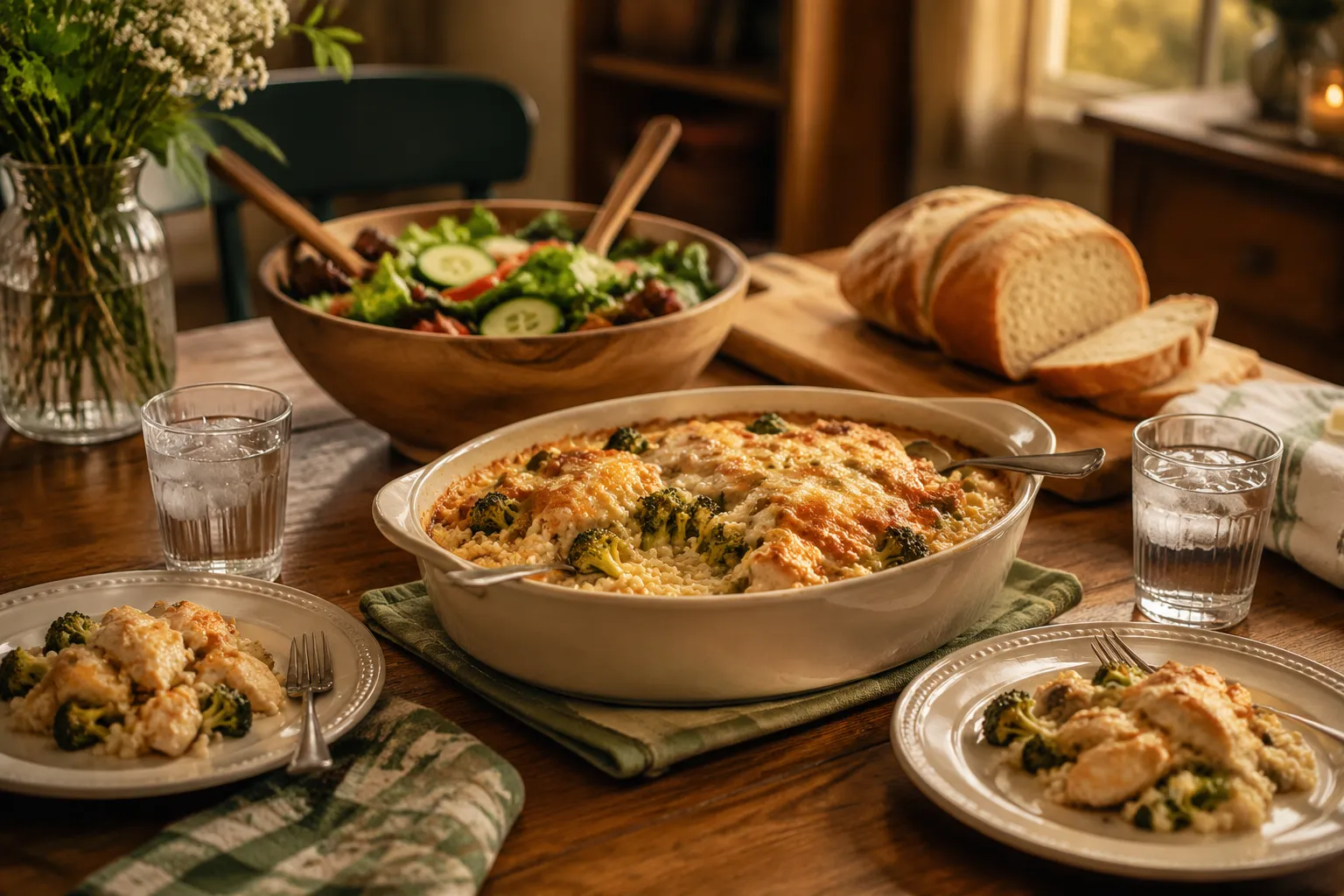Chicken casserole served family-style for dinner with salad and bread