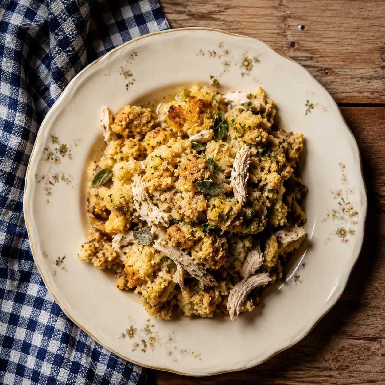 Southern chicken dressing casserole serving on a vintage plate with cornbread stuffing