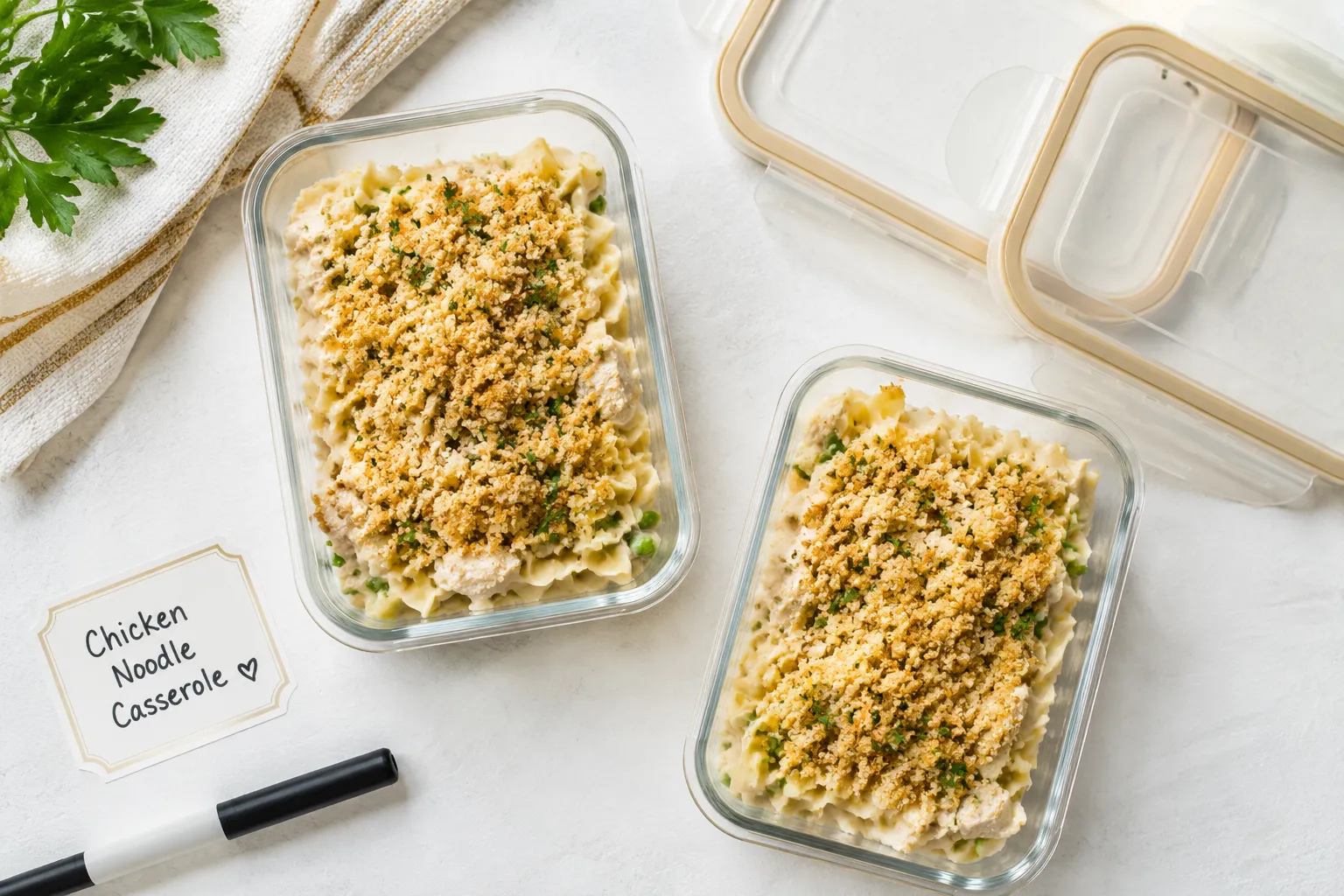 Make-ahead chicken casserole portioned into glass containers for the fridge or freezer