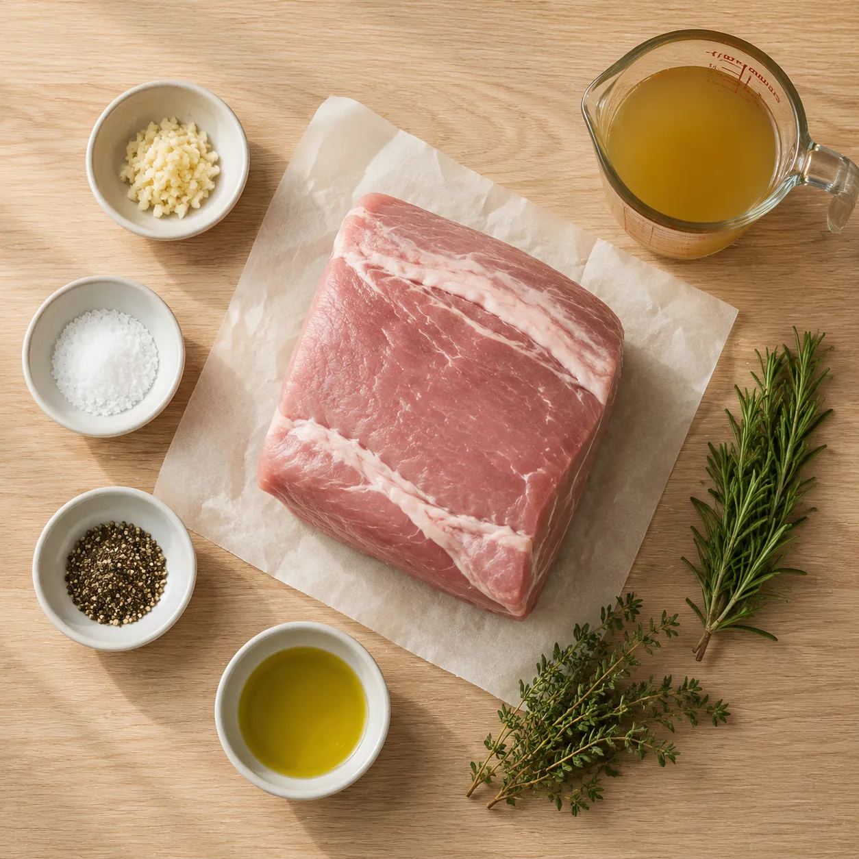 Pork roast recipe ingredients flatlay with garlic, herbs, olive oil, and broth