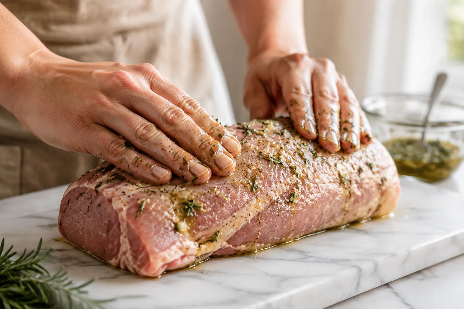 Rubbing garlic herb seasoning onto pork roast before searing