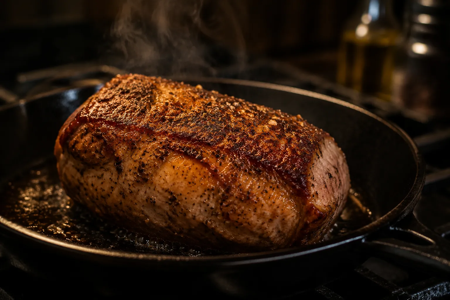 Searing pork roast in cast iron skillet for a golden crust