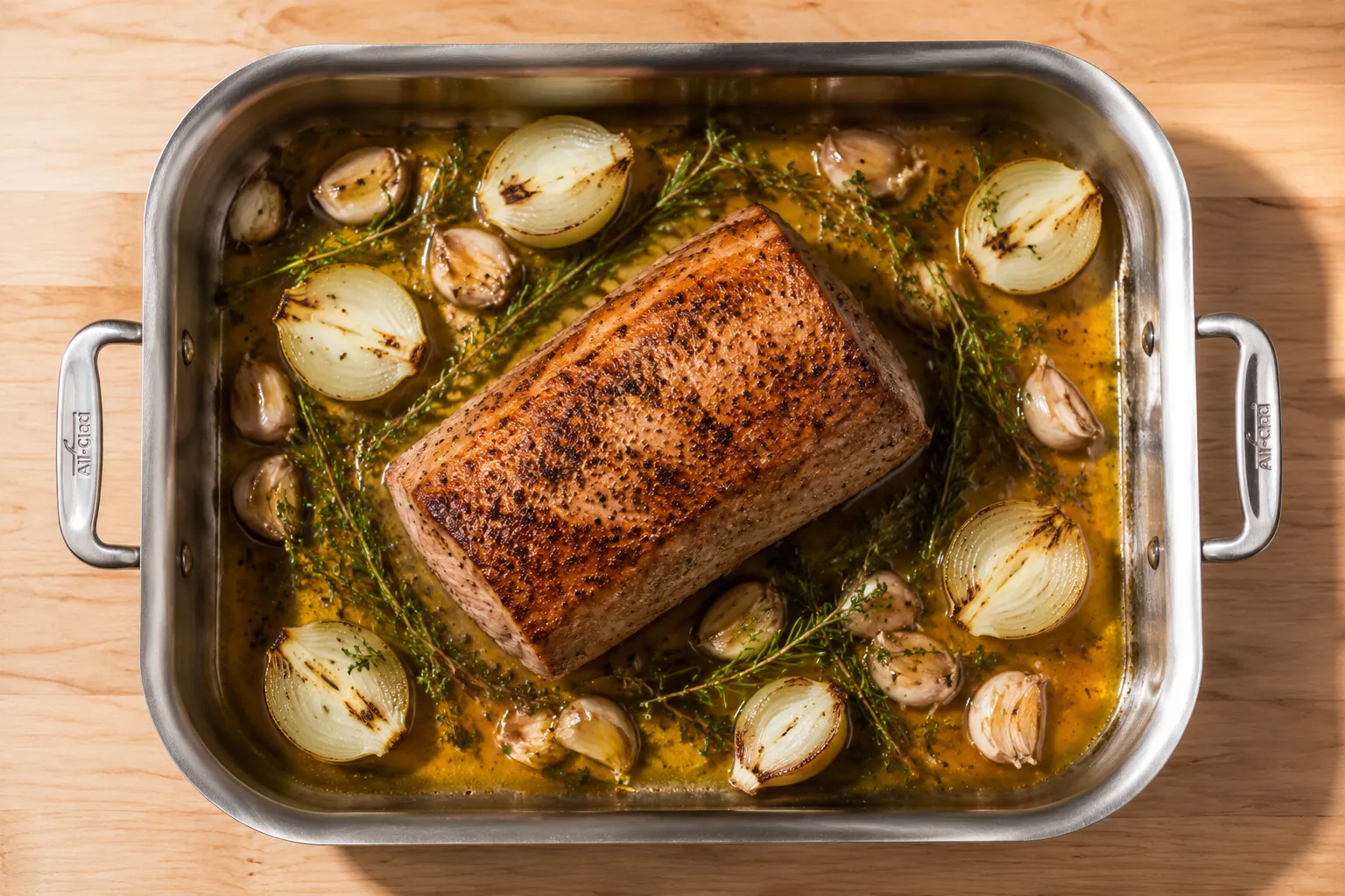 Pork roast in roasting pan with broth and aromatics ready for the oven
