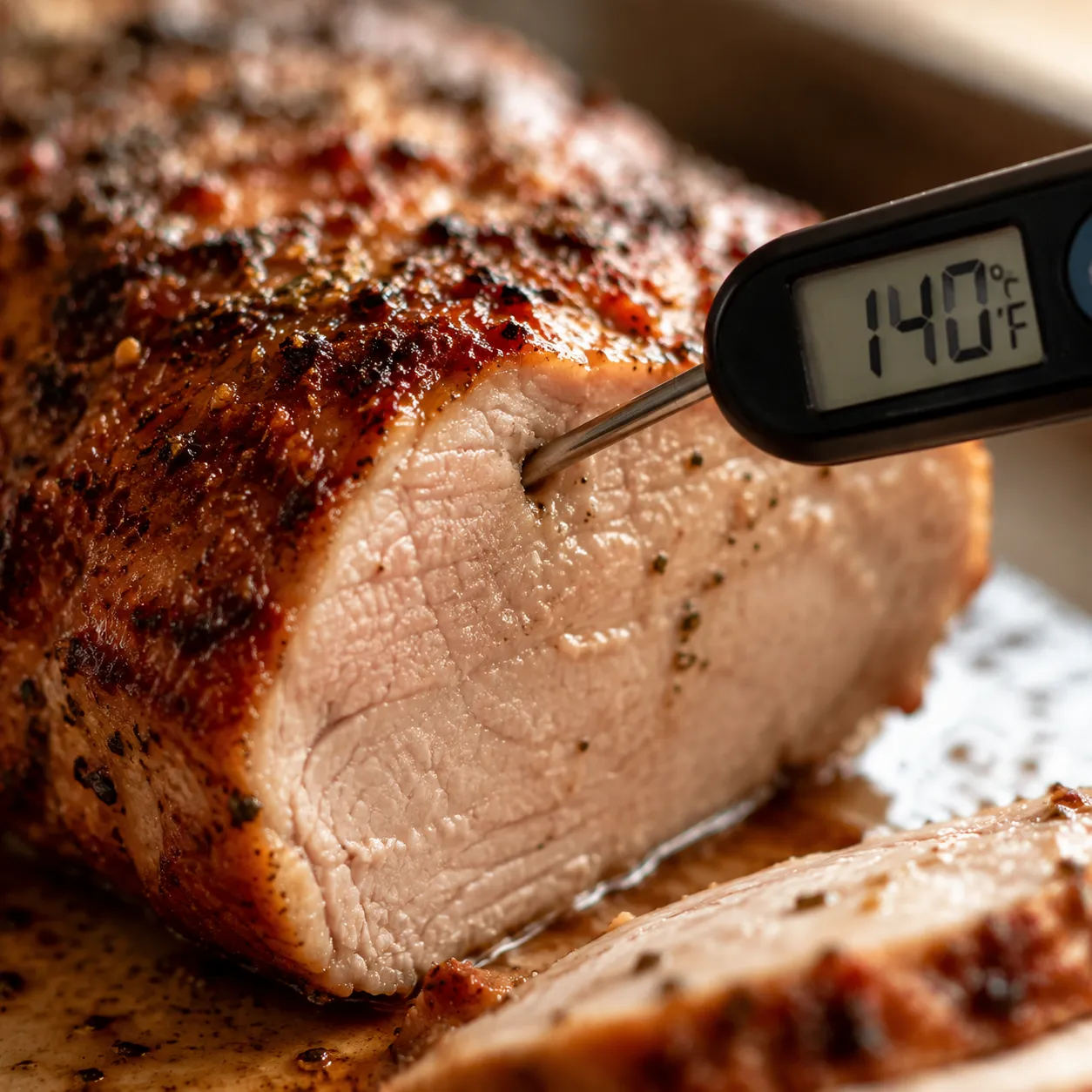 Checking pork roast internal temperature with a meat thermometer