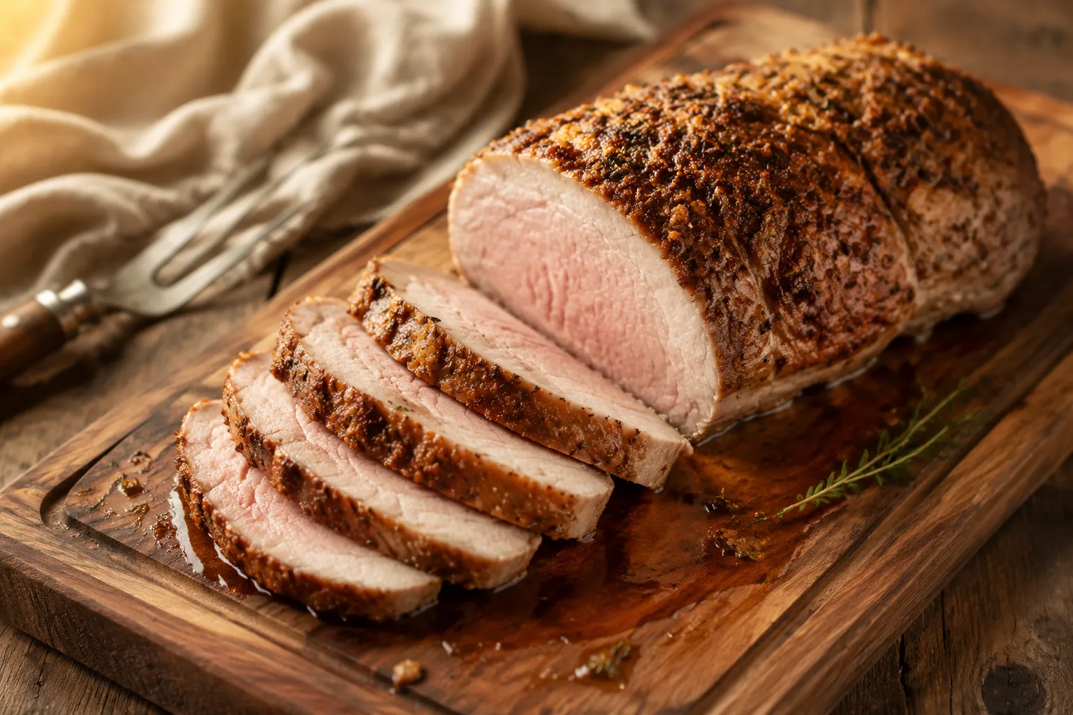 Sliced juicy pork roast recipe resting on a wooden carving board